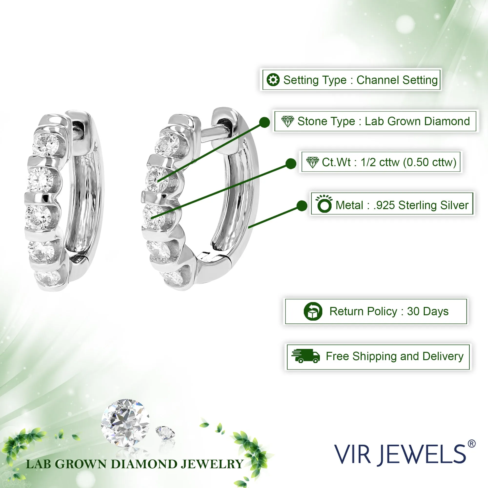 1/2 cttw Round Lab Grown Diamond Hoop Earrings .925 Sterling Silver Channel Set 2/3 Inch