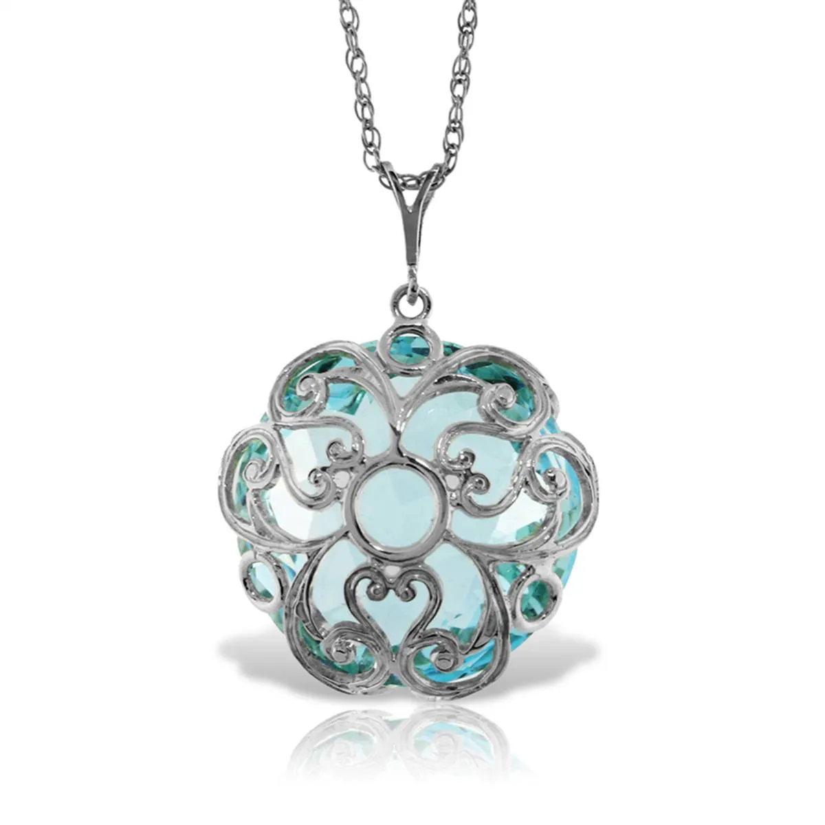14K Solid White Gold Necklace Round Blue Topaz Gemstone
