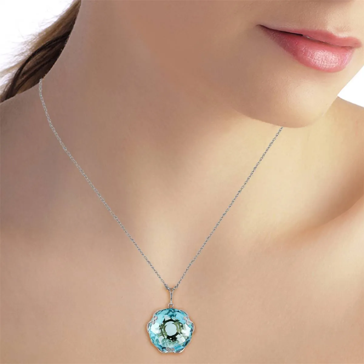 14K Solid White Gold Necklace Round Blue Topaz Gemstone