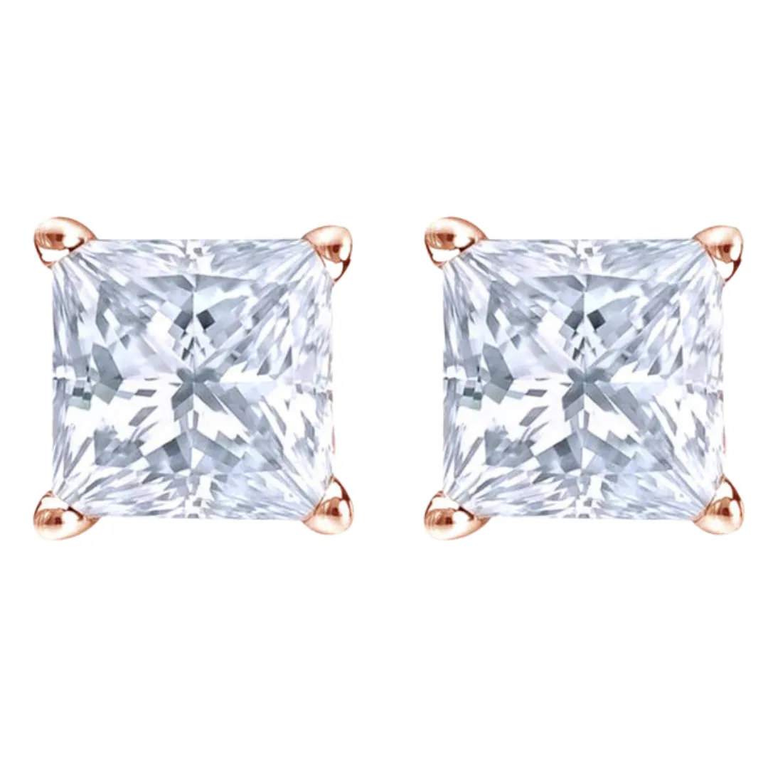 14k White And Rose Gold 1/4 Carat Solitaire Created Diamond 2 Pair Princess Stud Earrings