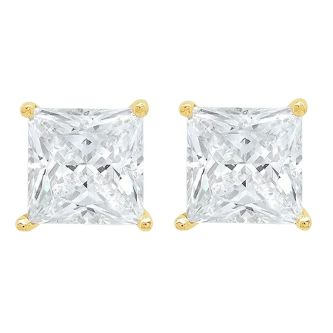 14k Yellow Gold 1/4 Carat Solitaire Created Diamond 2 Pair Round and Princess Stud Earrings