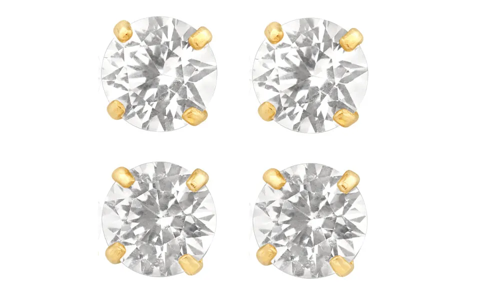 18k Yellow Gold Plated 1Ct Round White Sapphire Set Of Two Stud Earrings