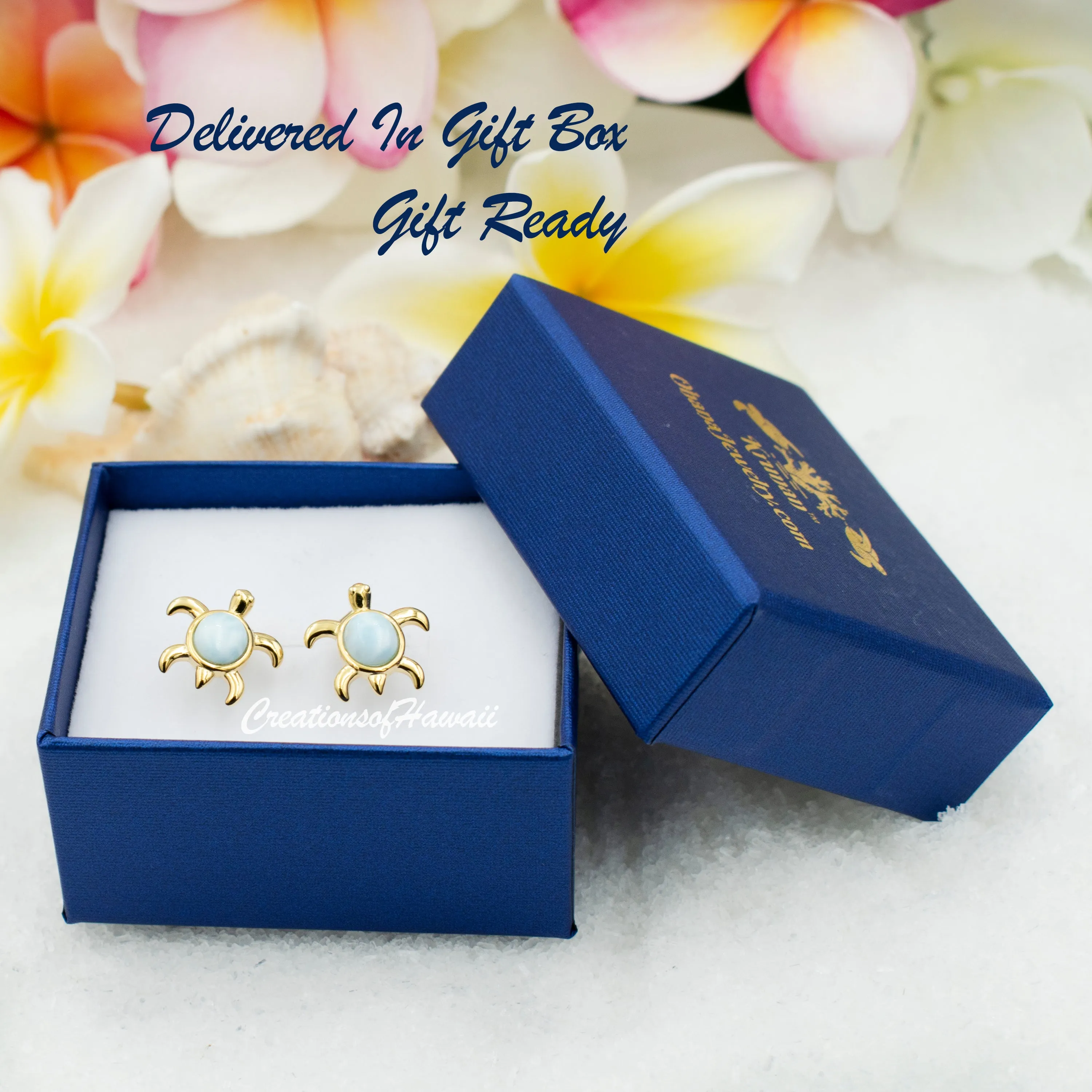 925 Sterling Silver Larimar Sea Turtle Earrings.  Genuine Blue Larimar Inlay Hawaiian Honu Stud Earrings in Silver, Gold, or Rose Gold Color