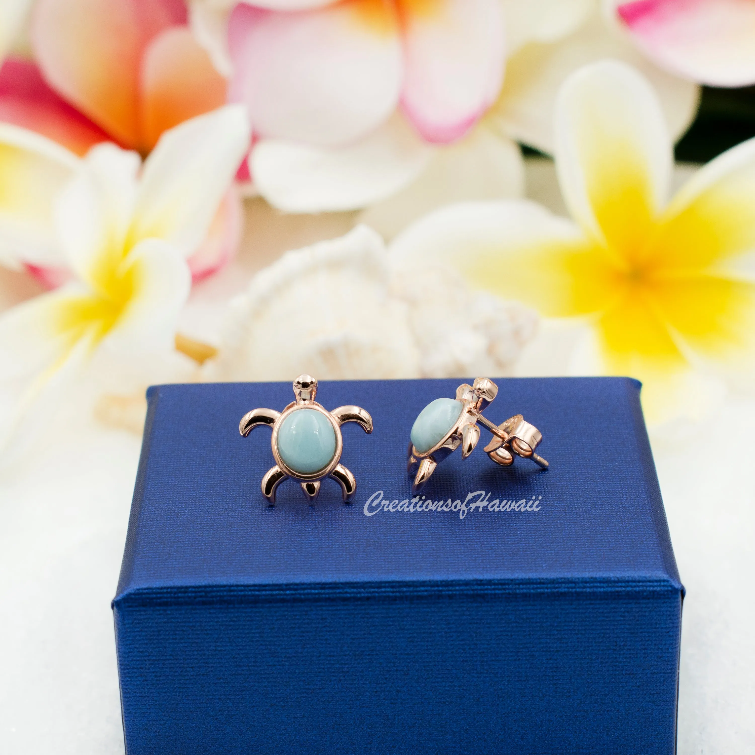 925 Sterling Silver Larimar Sea Turtle Earrings.  Genuine Blue Larimar Inlay Hawaiian Honu Stud Earrings in Silver, Gold, or Rose Gold Color