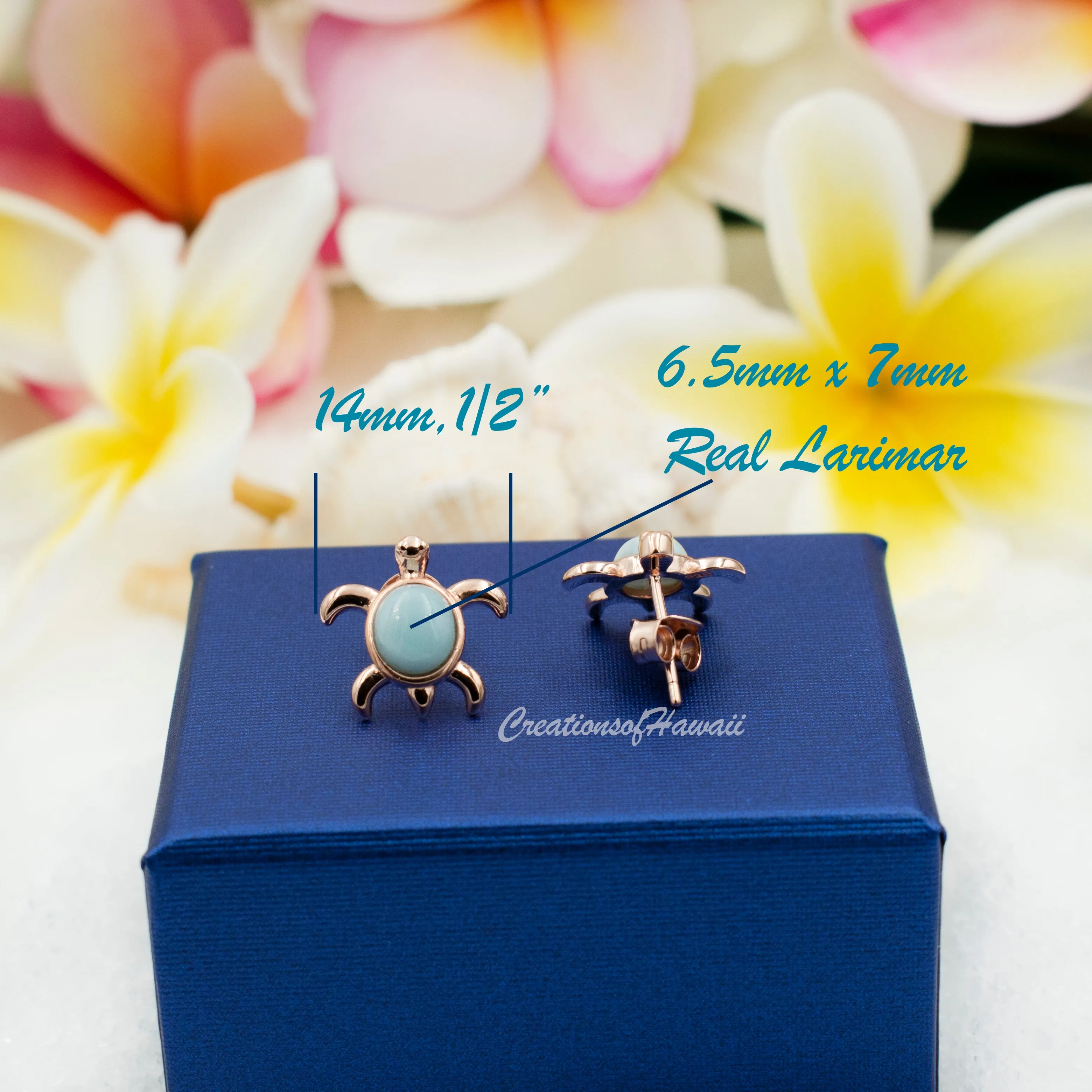 925 Sterling Silver Larimar Sea Turtle Earrings.  Genuine Blue Larimar Inlay Hawaiian Honu Stud Earrings in Silver, Gold, or Rose Gold Color