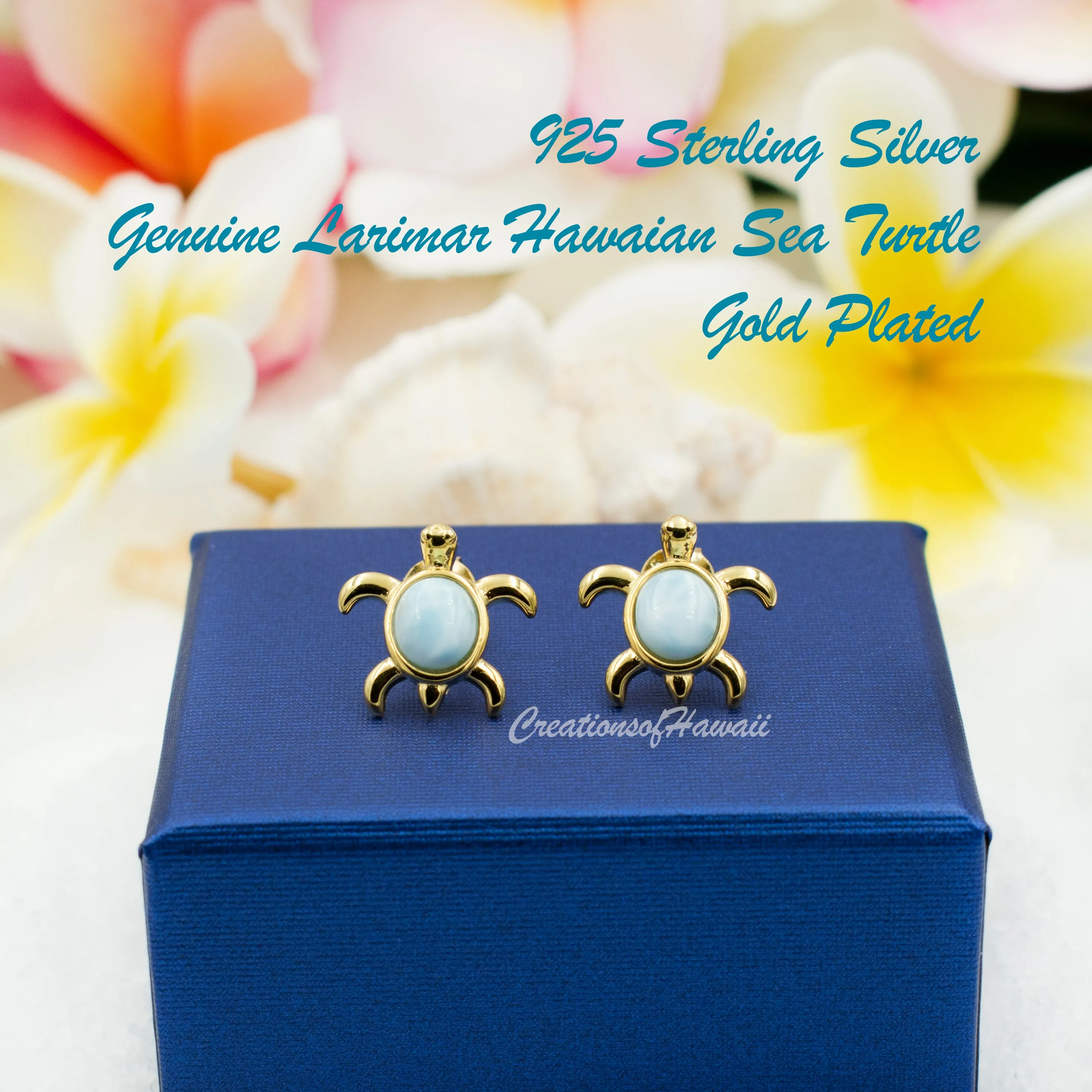 925 Sterling Silver Larimar Sea Turtle Earrings.  Genuine Blue Larimar Inlay Hawaiian Honu Stud Earrings in Silver, Gold, or Rose Gold Color