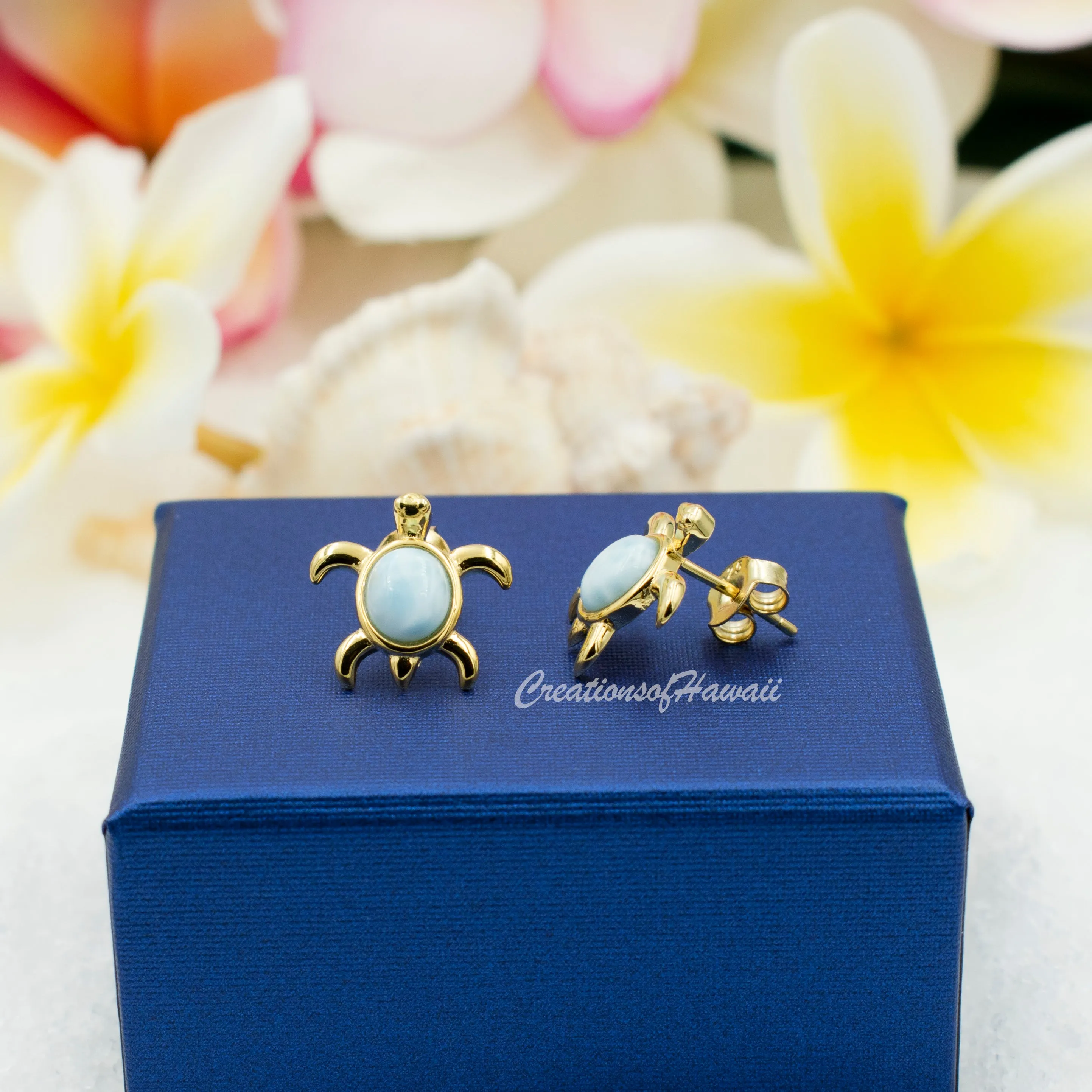 925 Sterling Silver Larimar Sea Turtle Earrings.  Genuine Blue Larimar Inlay Hawaiian Honu Stud Earrings in Silver, Gold, or Rose Gold Color
