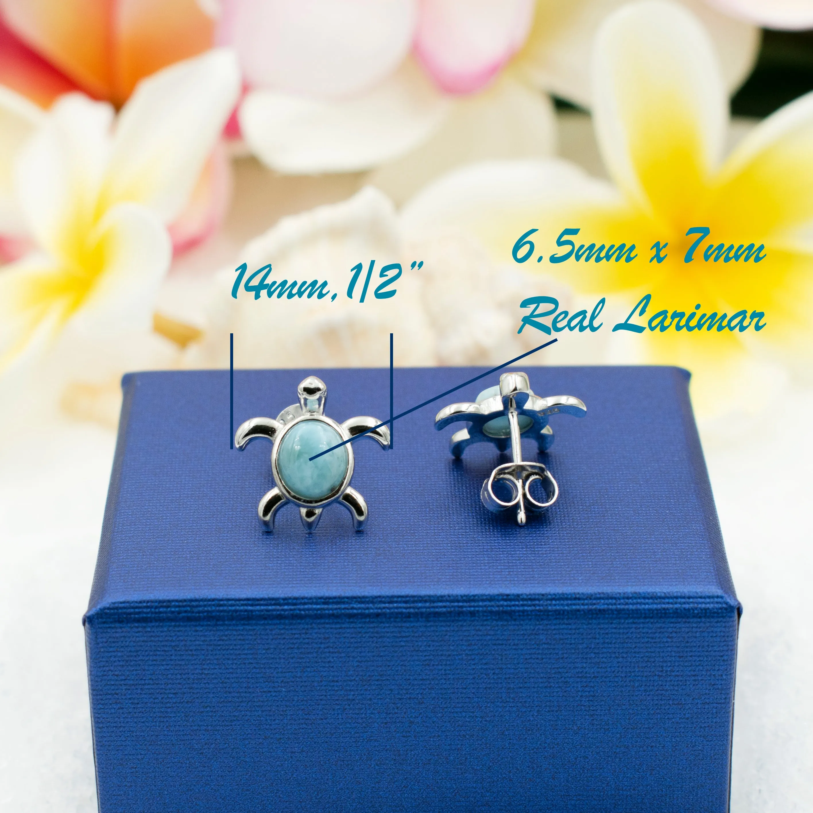 925 Sterling Silver Larimar Sea Turtle Earrings.  Genuine Blue Larimar Inlay Hawaiian Honu Stud Earrings in Silver, Gold, or Rose Gold Color