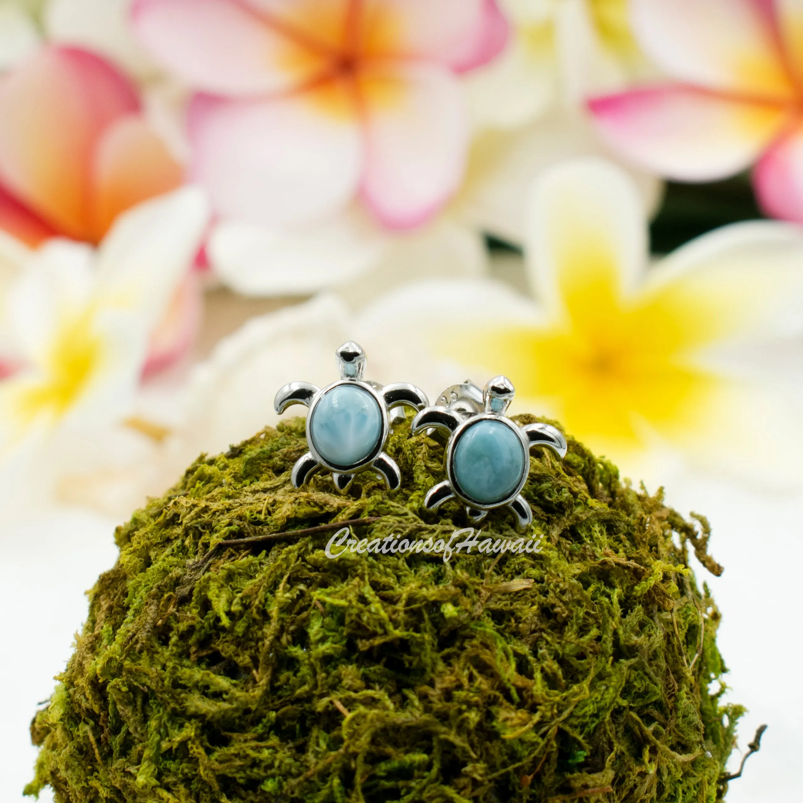925 Sterling Silver Larimar Sea Turtle Earrings.  Genuine Blue Larimar Inlay Hawaiian Honu Stud Earrings in Silver, Gold, or Rose Gold Color