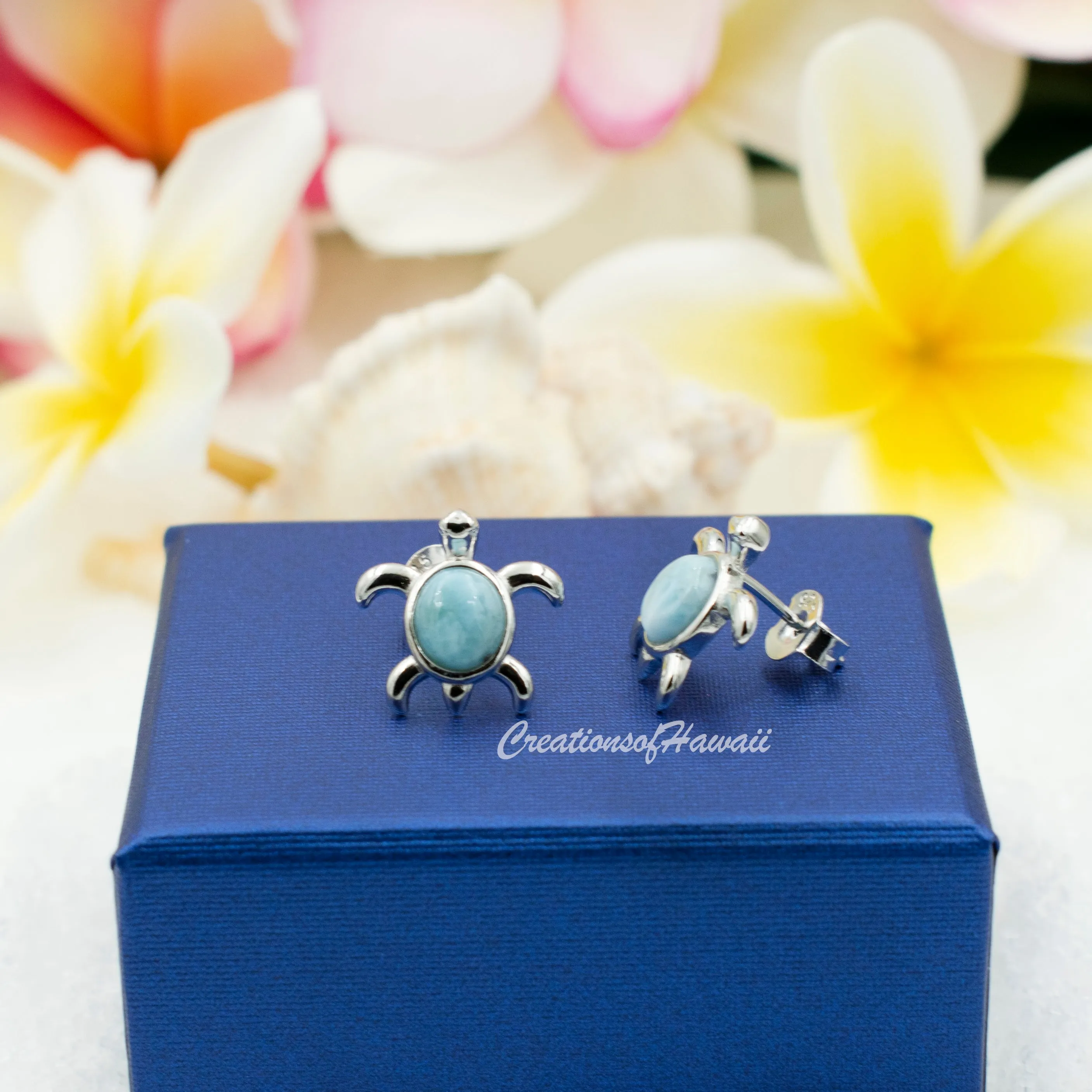 925 Sterling Silver Larimar Sea Turtle Earrings.  Genuine Blue Larimar Inlay Hawaiian Honu Stud Earrings in Silver, Gold, or Rose Gold Color