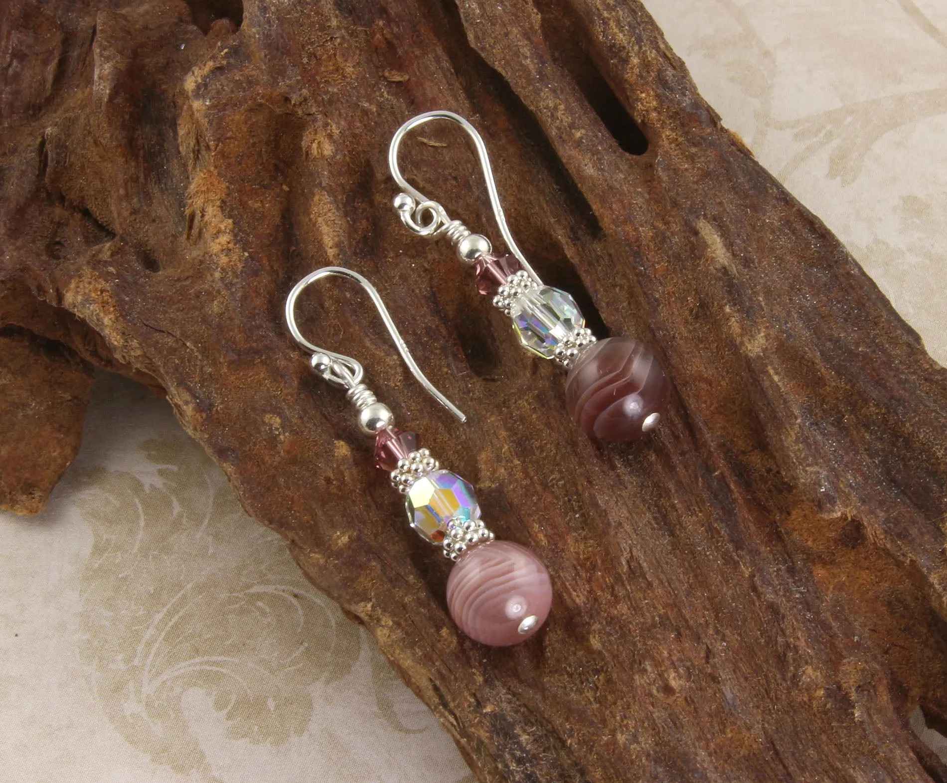 Banded Pink Agate Crystal Gemstone Earrings