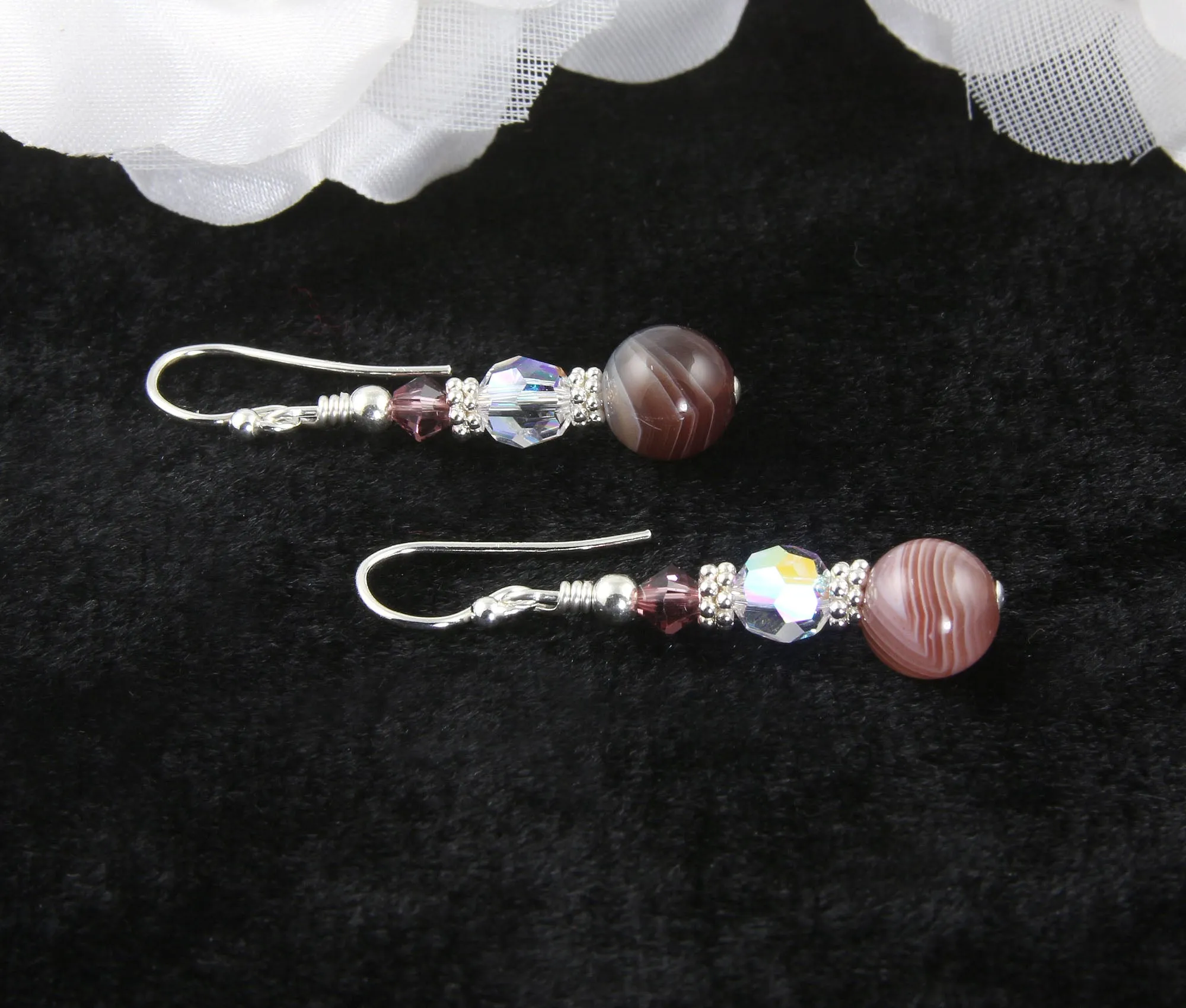 Banded Pink Agate Crystal Gemstone Earrings