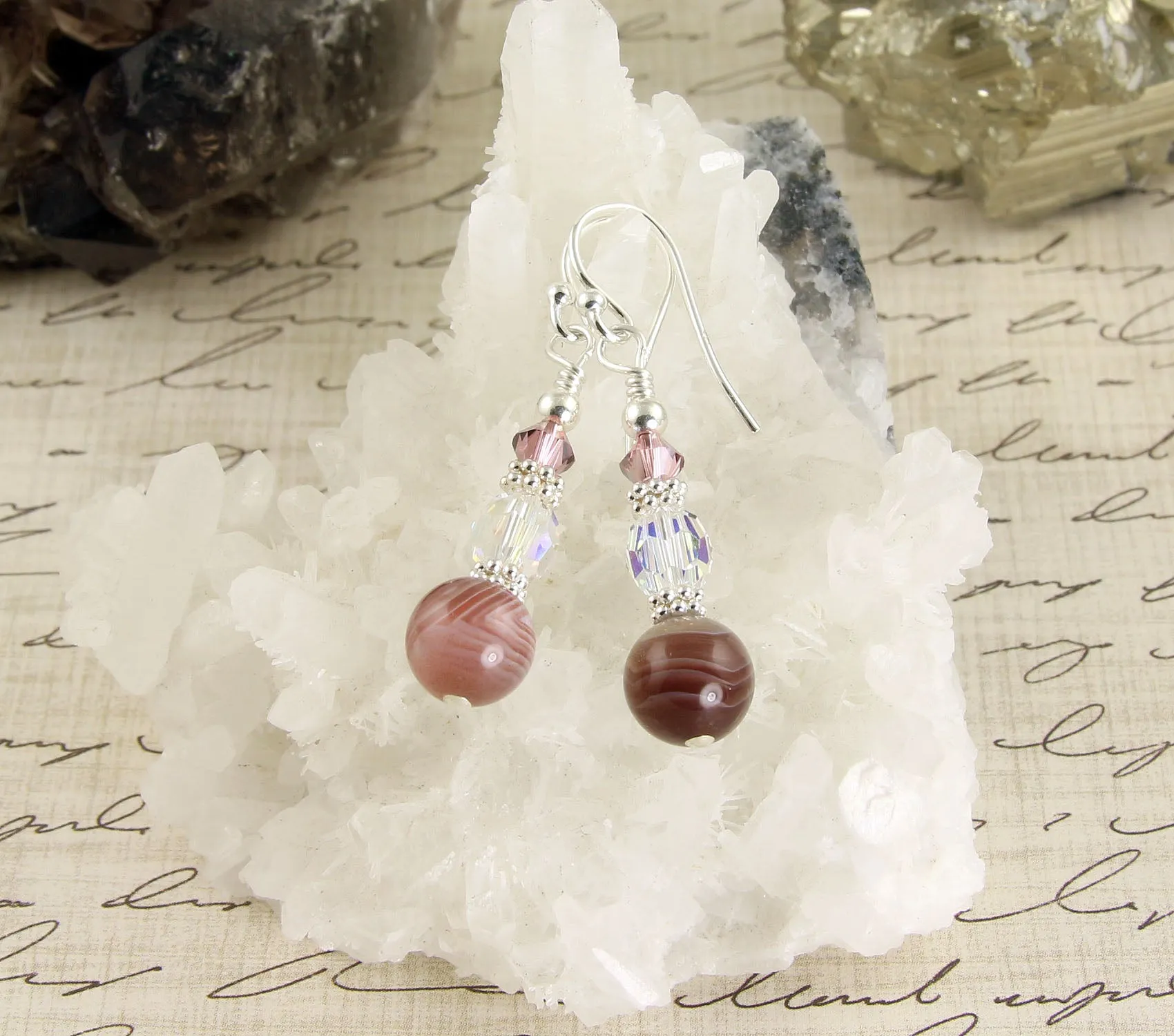 Banded Pink Agate Crystal Gemstone Earrings
