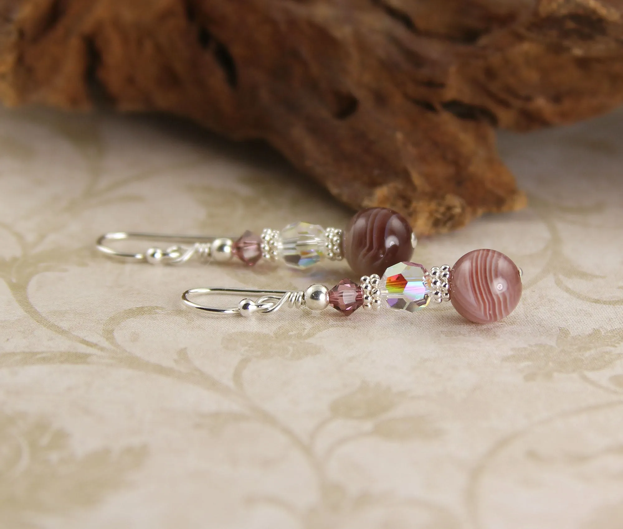 Banded Pink Agate Crystal Gemstone Earrings