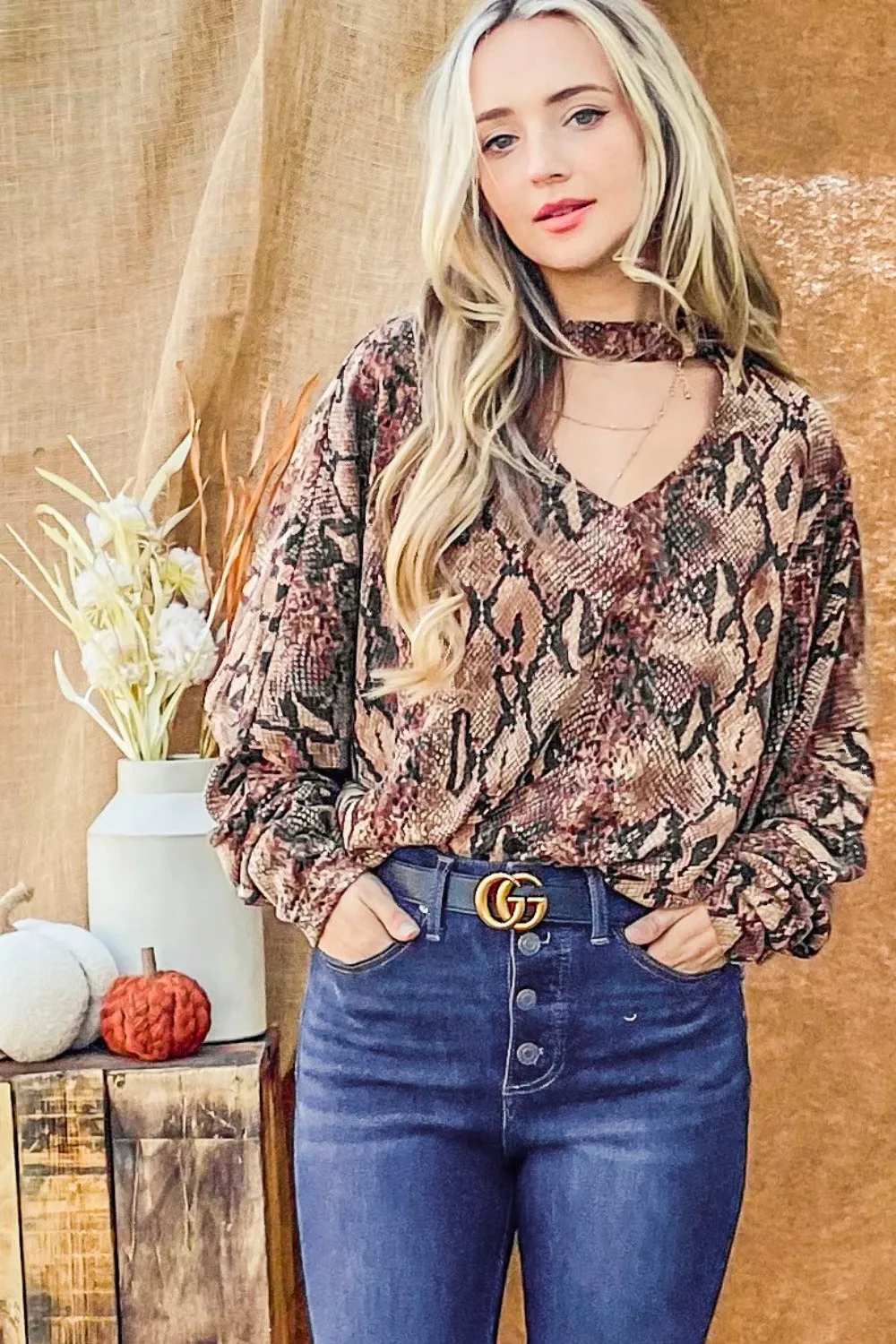 Blue Zone Planet |  And The Why Choker Neck Dolman Sleeve Snake Print Top