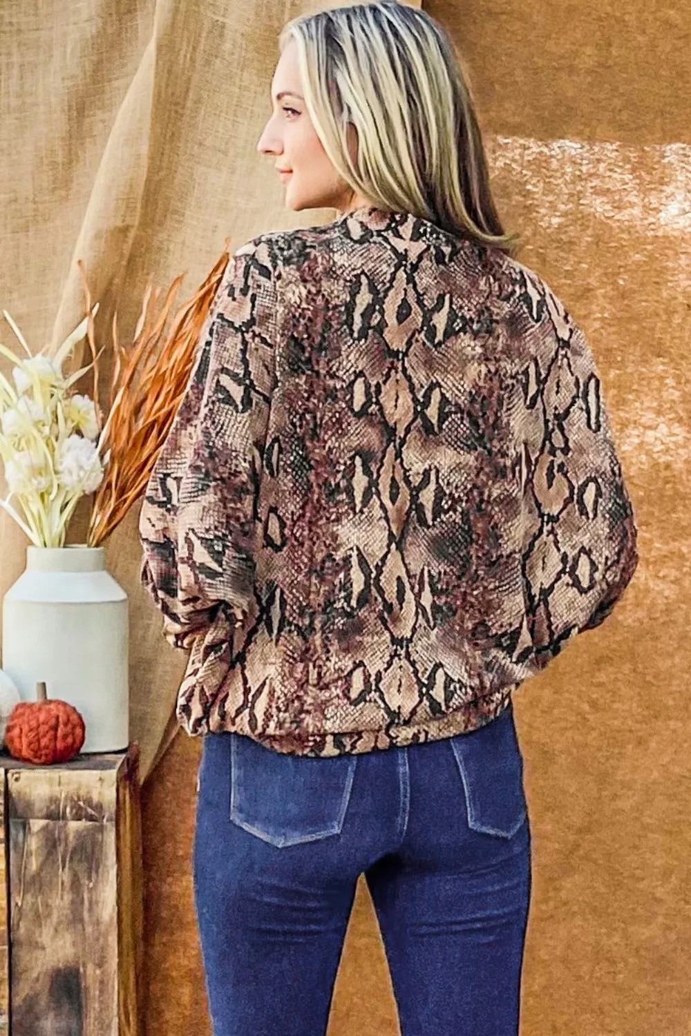 Blue Zone Planet |  And The Why Choker Neck Dolman Sleeve Snake Print Top
