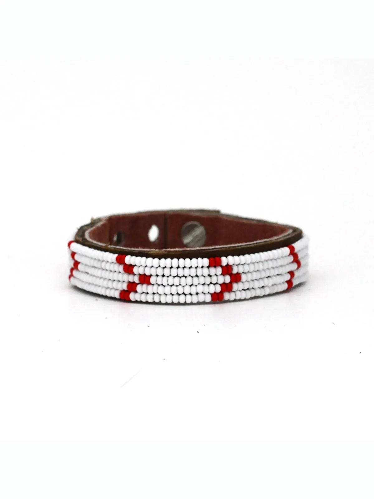 Chevron Red Beaded Leather Cuff