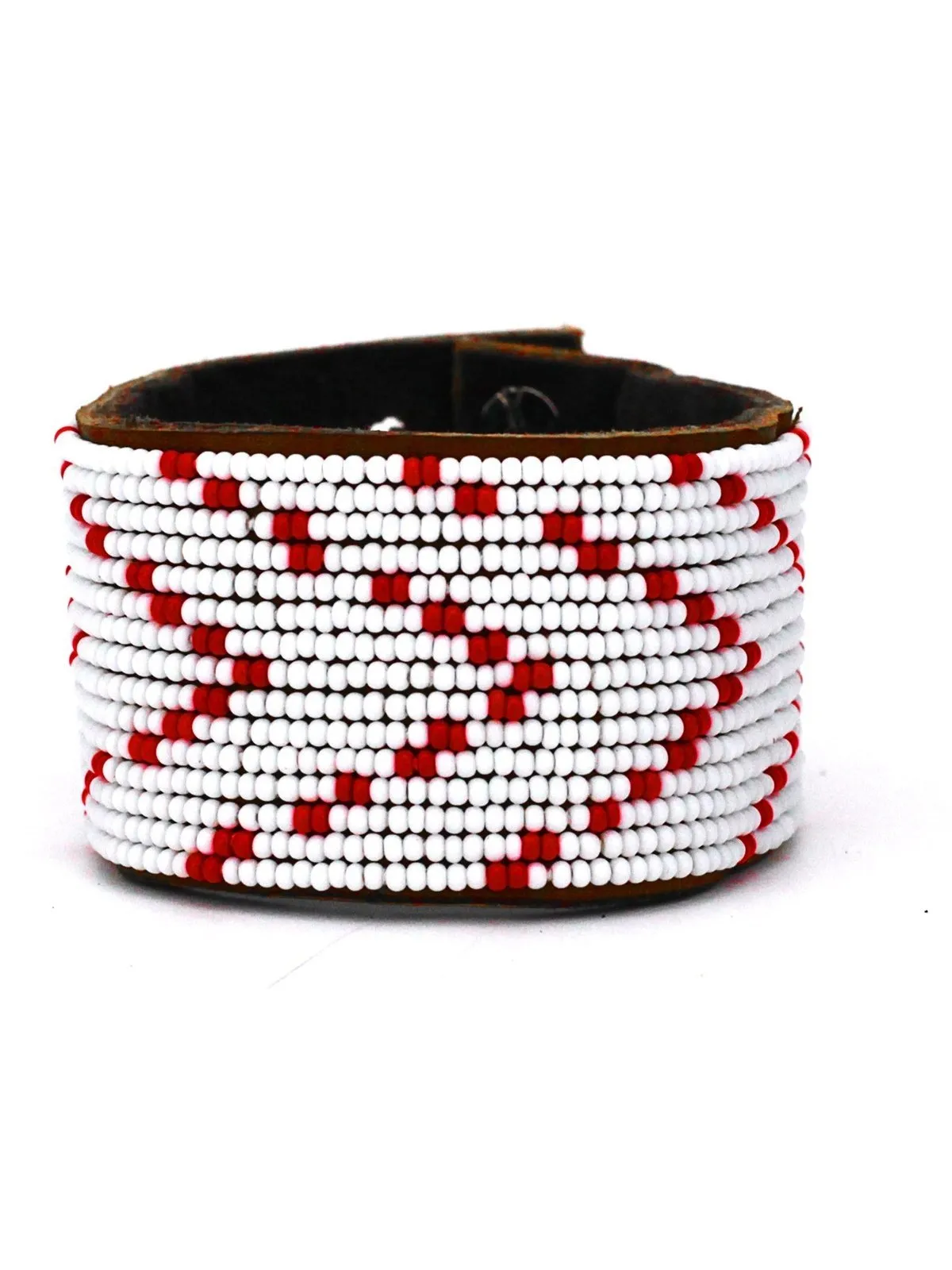 Chevron Red Beaded Leather Cuff