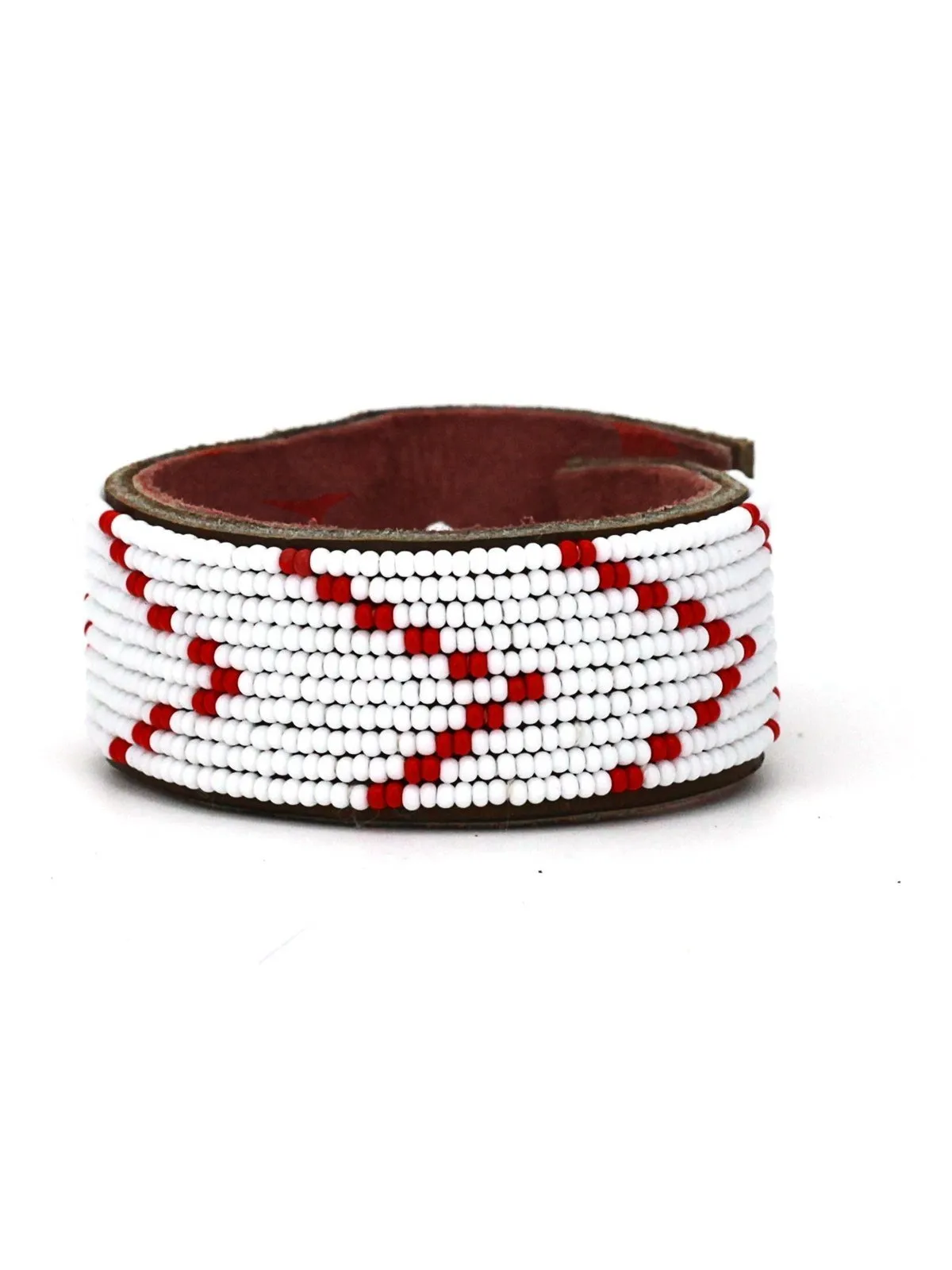 Chevron Red Beaded Leather Cuff