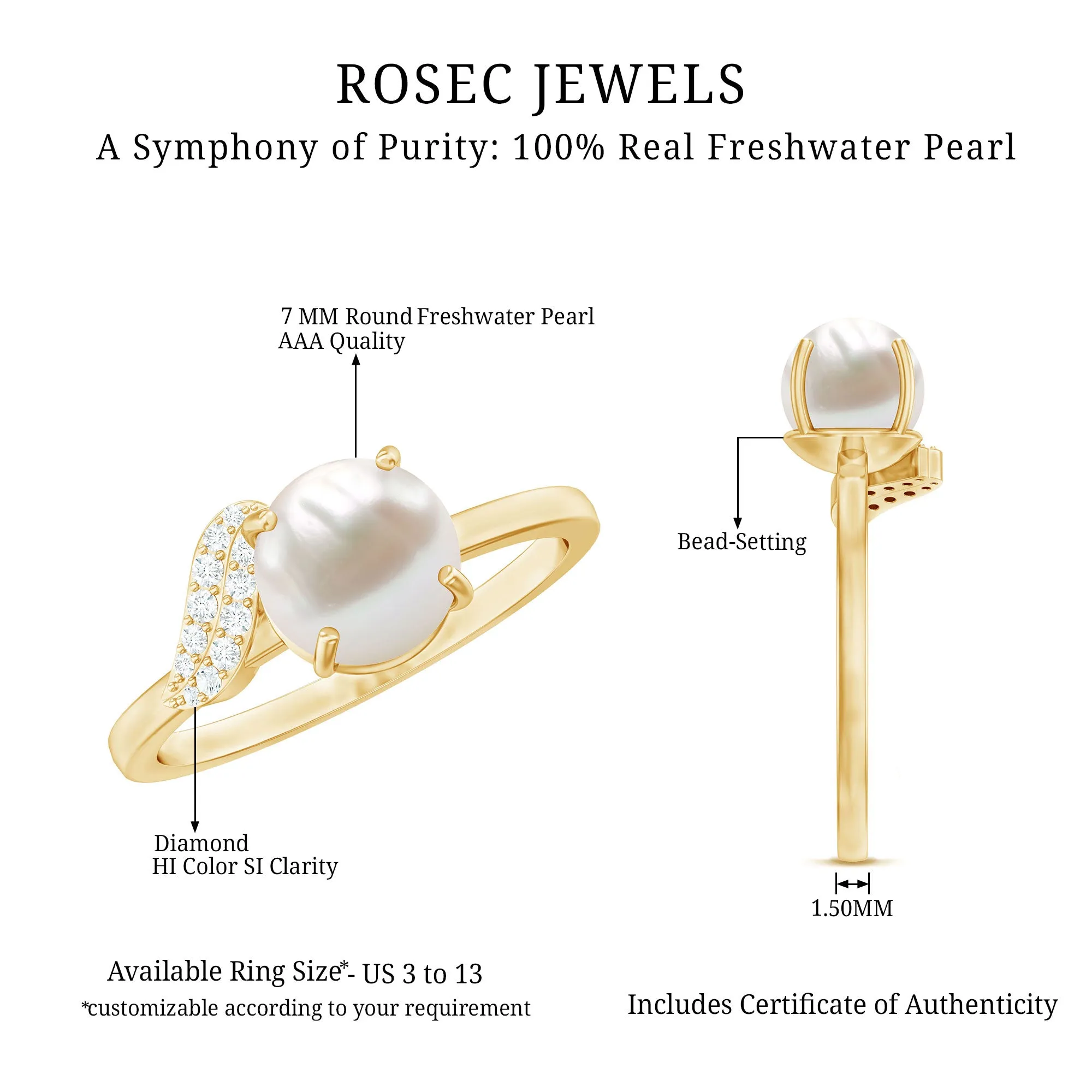 Classic Freshwater Pearl Solitaire Ring with Diamond Leaf