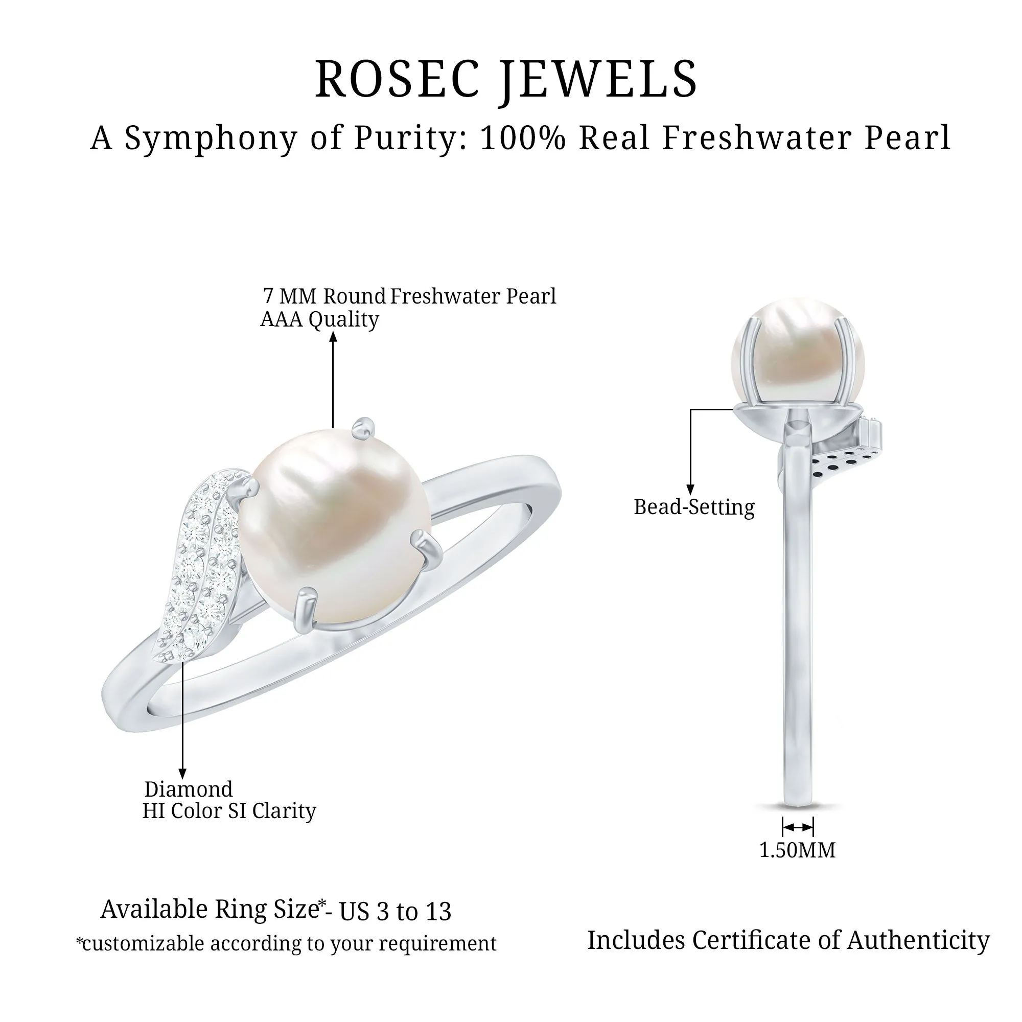 Classic Freshwater Pearl Solitaire Ring with Diamond Leaf