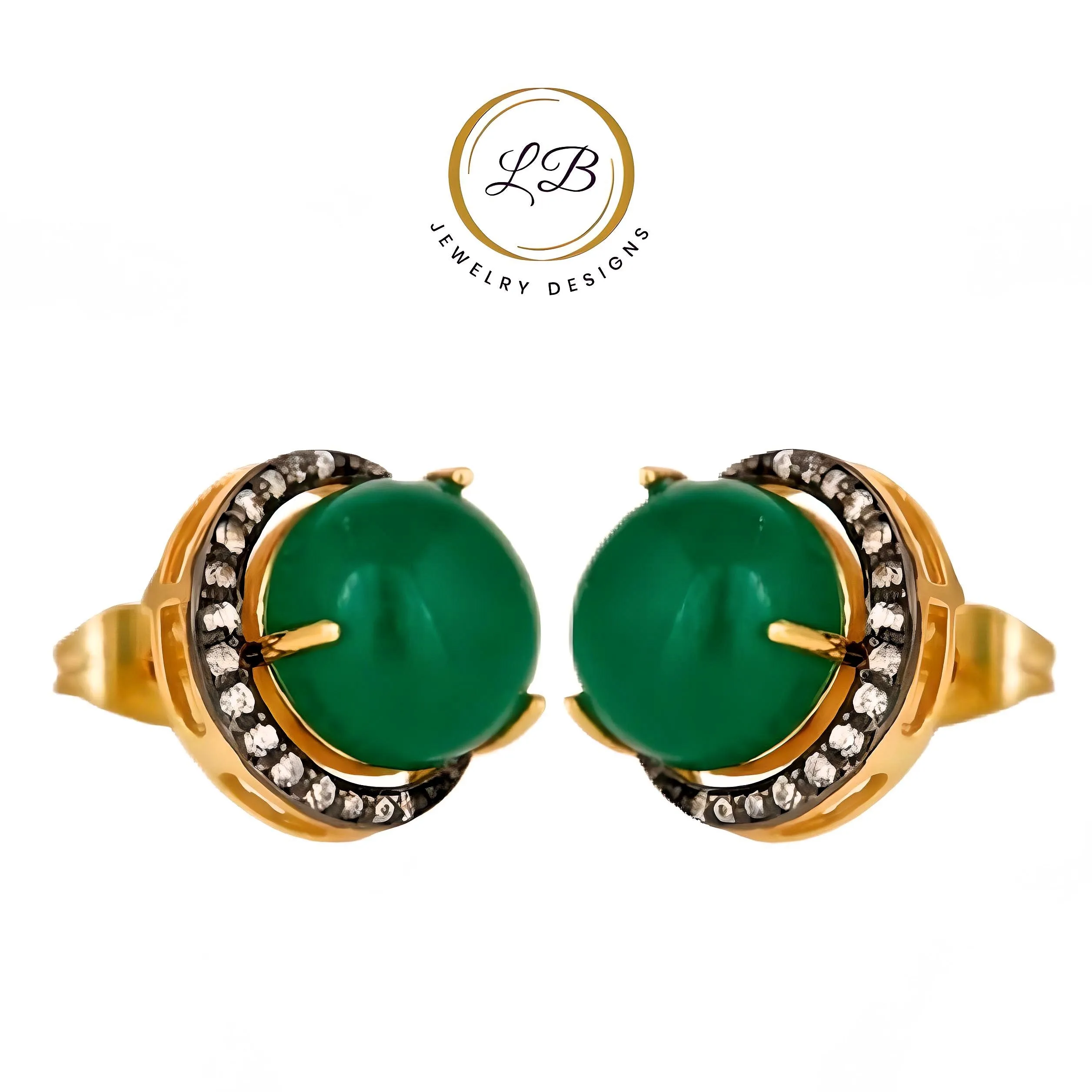 Crescent Moon Green Onyx Gold and Rhodium Stud Earrings