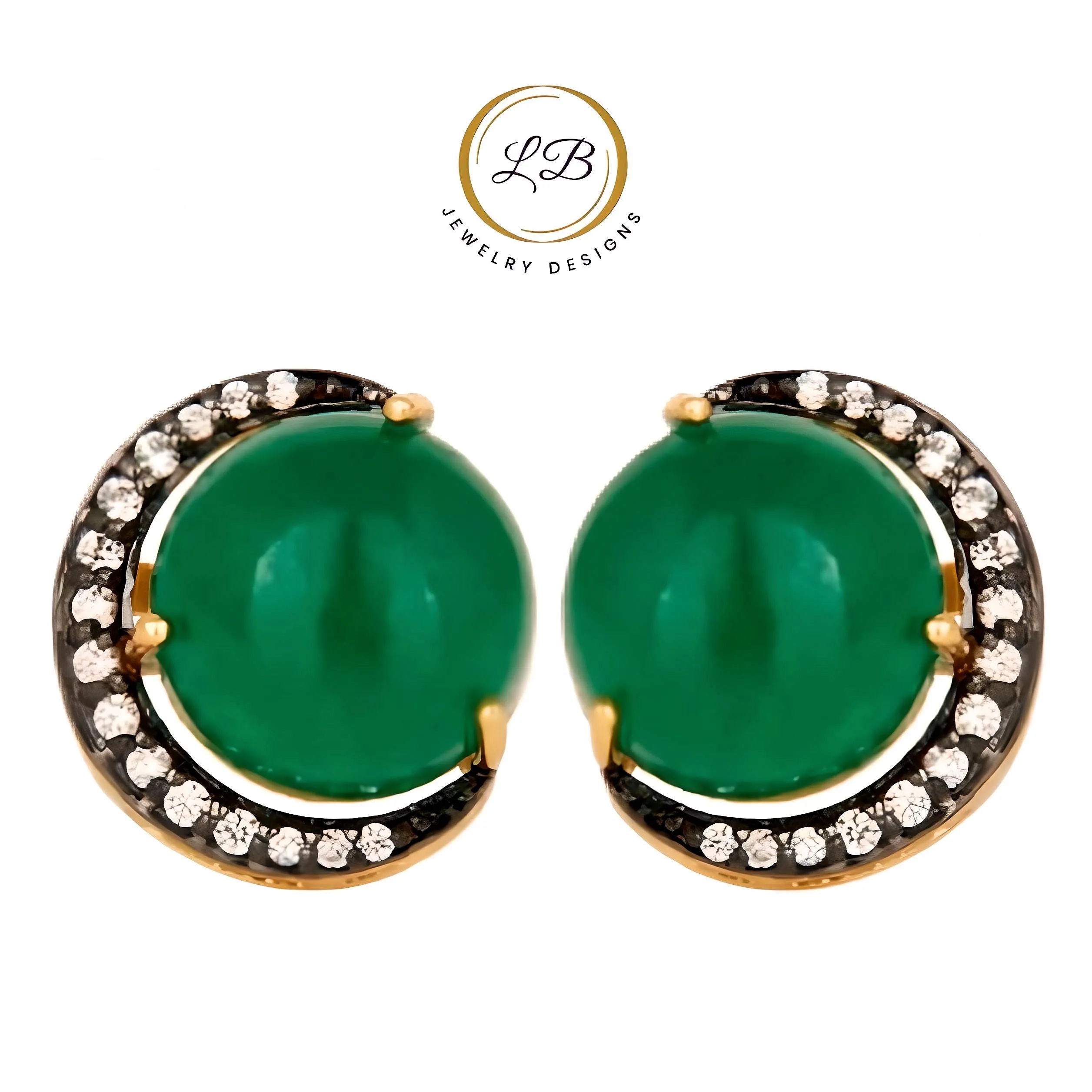 Crescent Moon Green Onyx Gold and Rhodium Stud Earrings