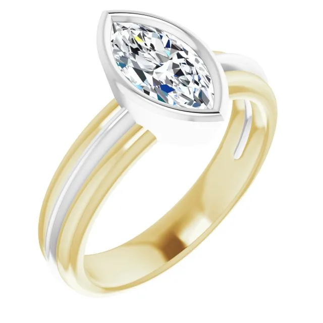 Cubic Zirconia Engagement Ring- The Aretha (Customizable Bezel-set Marquise Cut Solitaire with Grooved Band)