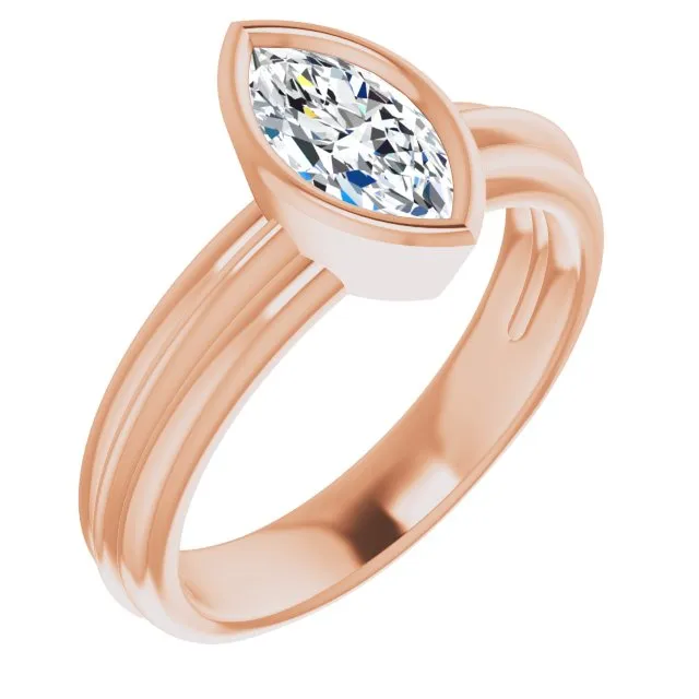 Cubic Zirconia Engagement Ring- The Aretha (Customizable Bezel-set Marquise Cut Solitaire with Grooved Band)