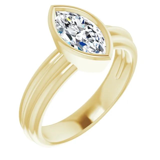 Cubic Zirconia Engagement Ring- The Aretha (Customizable Bezel-set Marquise Cut Solitaire with Grooved Band)