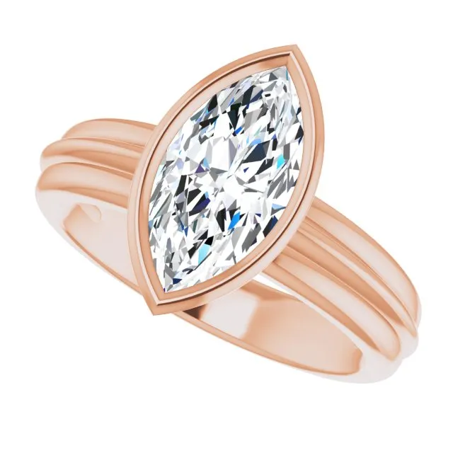 Cubic Zirconia Engagement Ring- The Aretha (Customizable Bezel-set Marquise Cut Solitaire with Grooved Band)