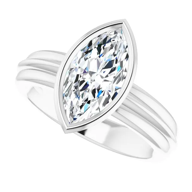 Cubic Zirconia Engagement Ring- The Aretha (Customizable Bezel-set Marquise Cut Solitaire with Grooved Band)