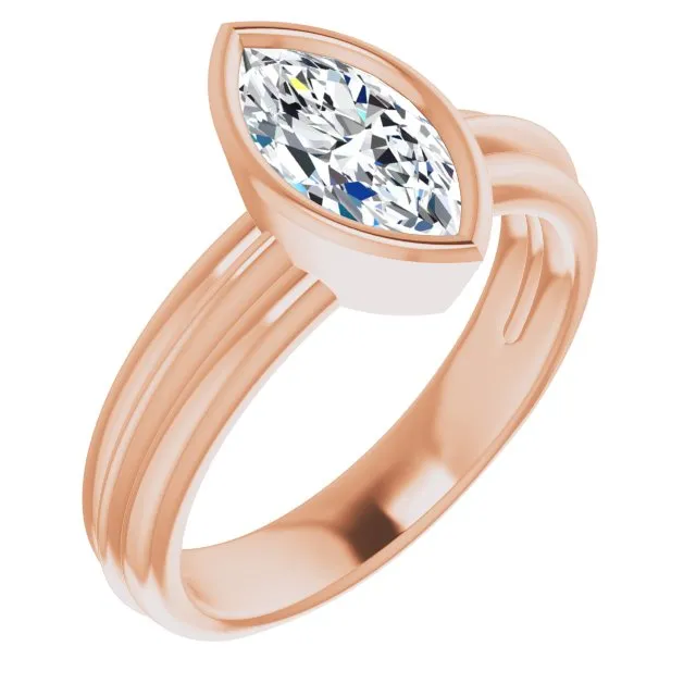 Cubic Zirconia Engagement Ring- The Aretha (Customizable Bezel-set Marquise Cut Solitaire with Grooved Band)