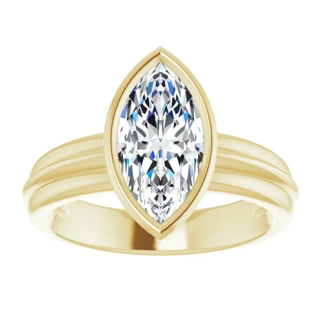 Cubic Zirconia Engagement Ring- The Aretha (Customizable Bezel-set Marquise Cut Solitaire with Grooved Band)