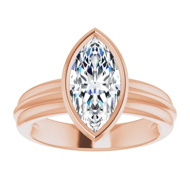 Cubic Zirconia Engagement Ring- The Aretha (Customizable Bezel-set Marquise Cut Solitaire with Grooved Band)