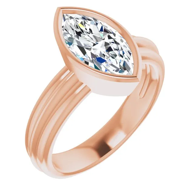 Cubic Zirconia Engagement Ring- The Aretha (Customizable Bezel-set Marquise Cut Solitaire with Grooved Band)