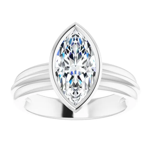Cubic Zirconia Engagement Ring- The Aretha (Customizable Bezel-set Marquise Cut Solitaire with Grooved Band)