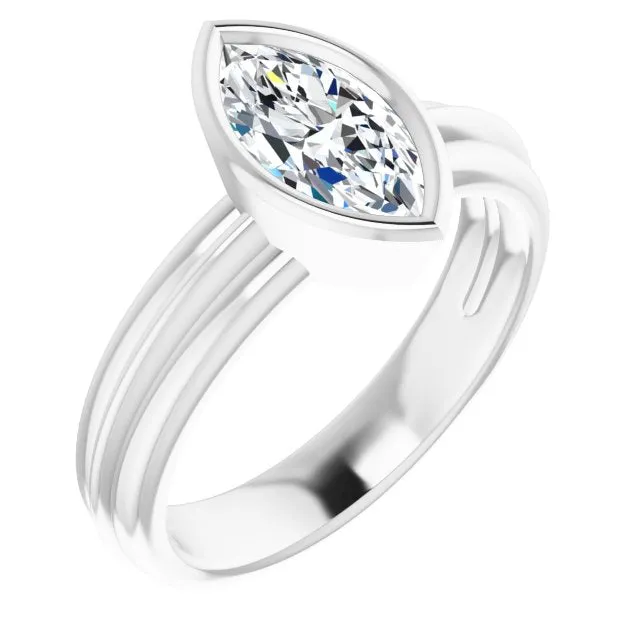 Cubic Zirconia Engagement Ring- The Aretha (Customizable Bezel-set Marquise Cut Solitaire with Grooved Band)