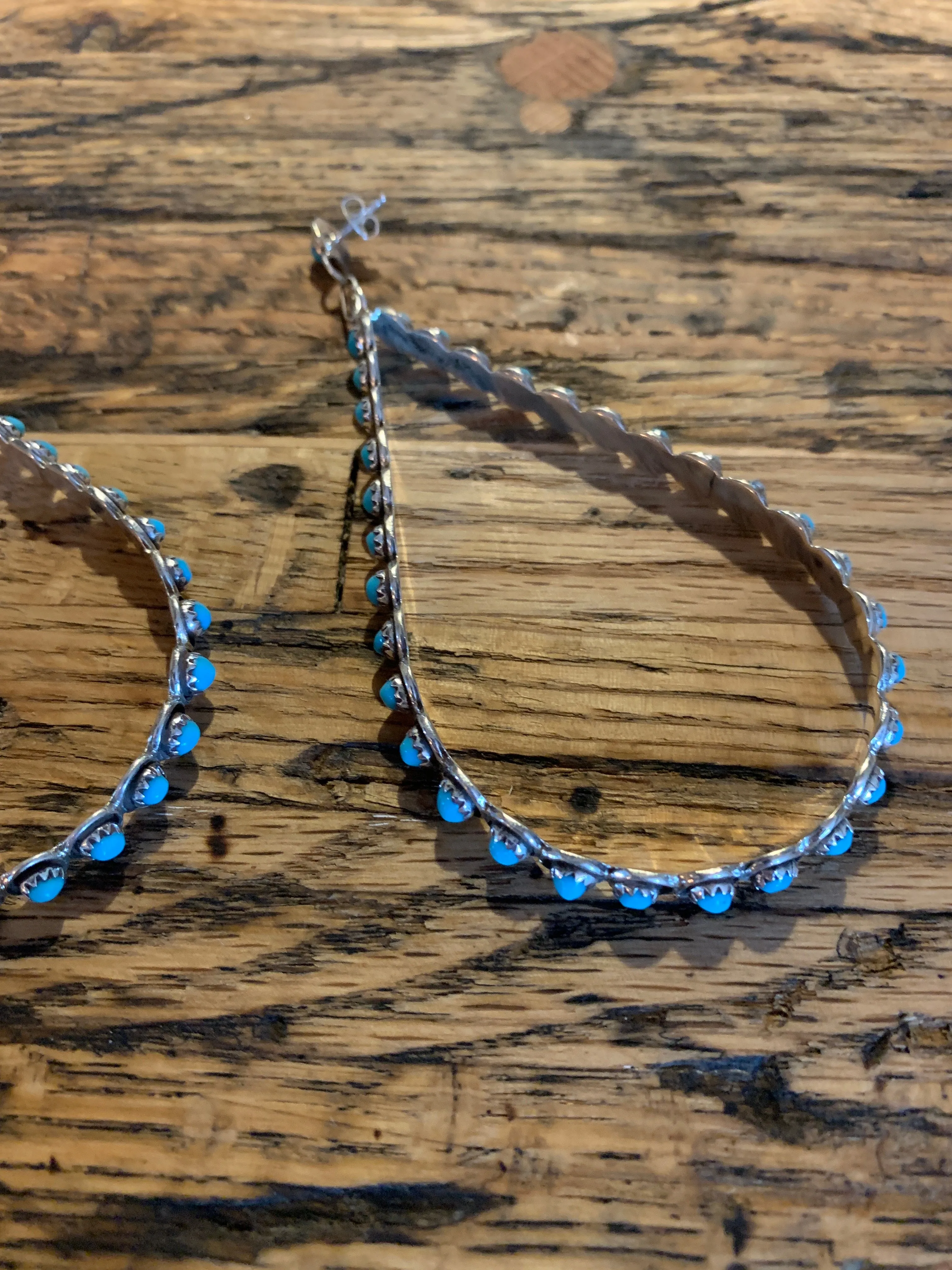 Earrings, Large Tear Drop Hoops with Turquoise in Sterling Silver