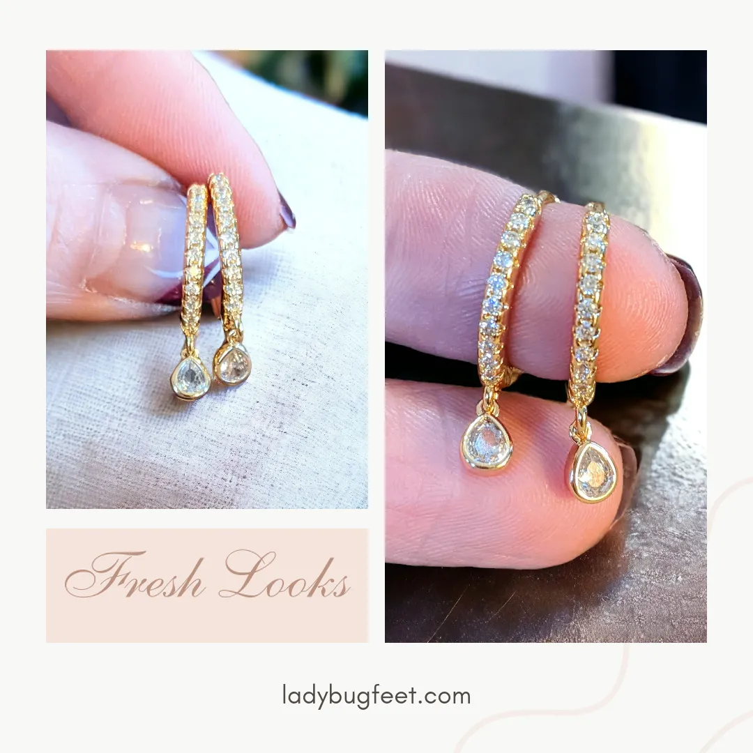Gold CZ Teardrop Hoop earrings, 18mm Hoop Drop