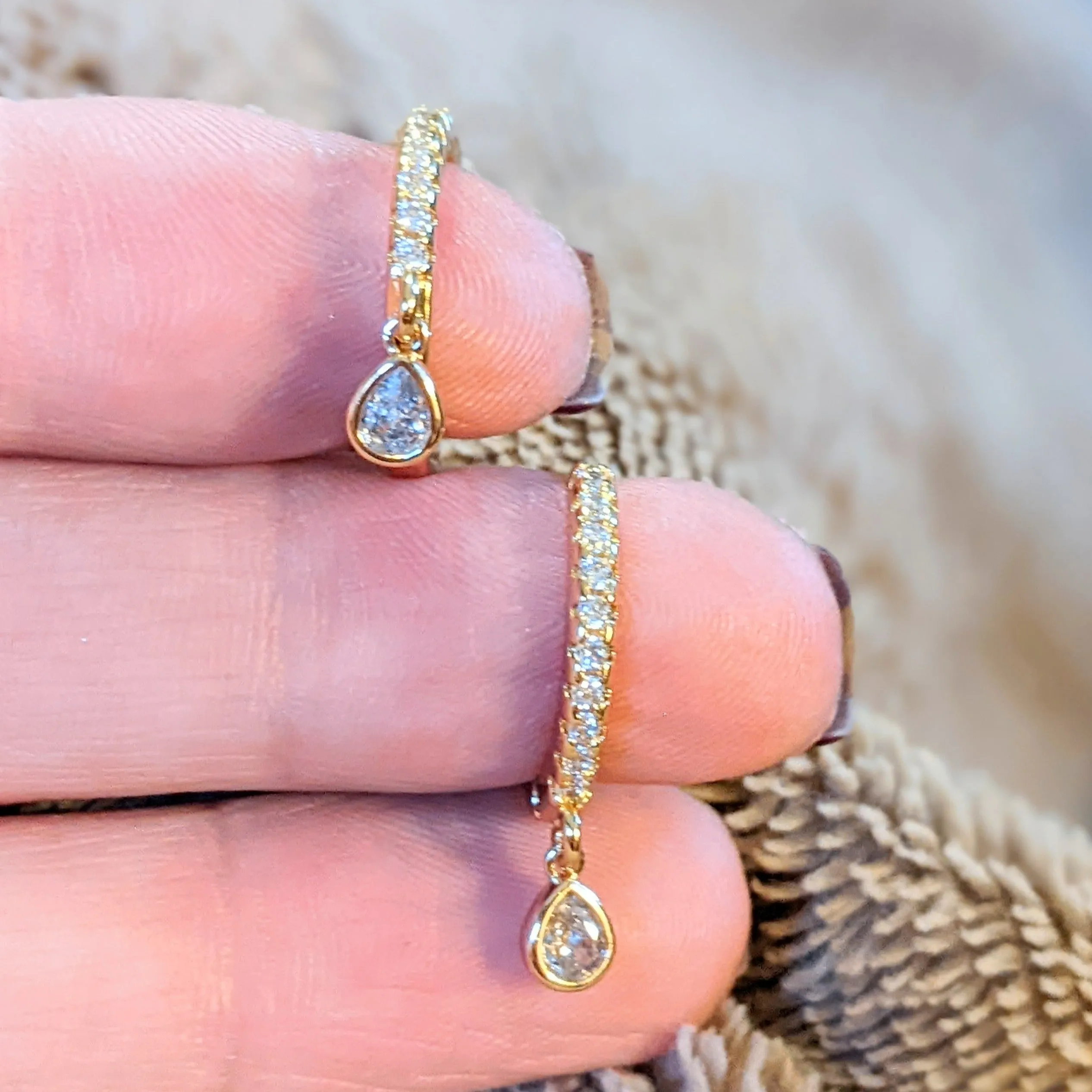 Gold CZ Teardrop Hoop earrings, 18mm Hoop Drop