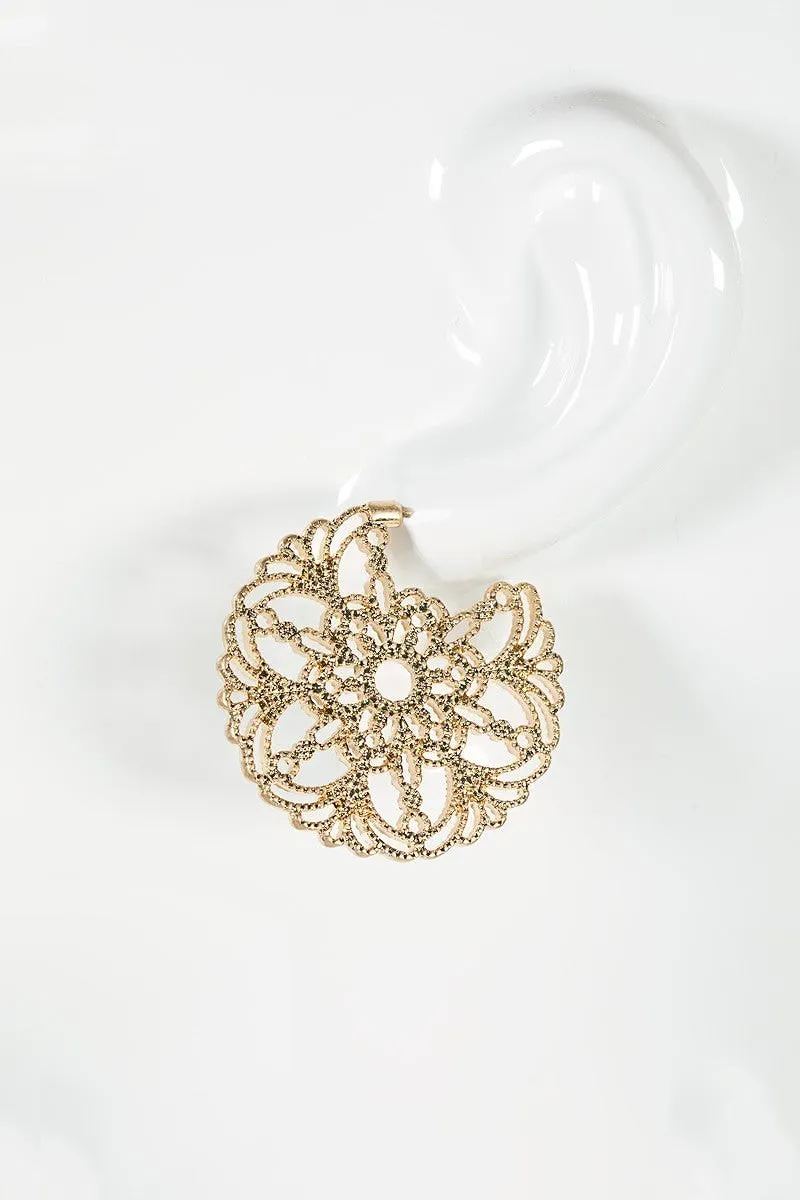 Gold Filigree Flower Hoop Earrings