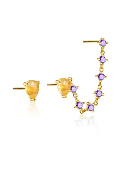 KESLEY Pear Shape Mismatch Earrings with Purple Cubic Zirconia Three Piece Set Women's Fine Jewelry