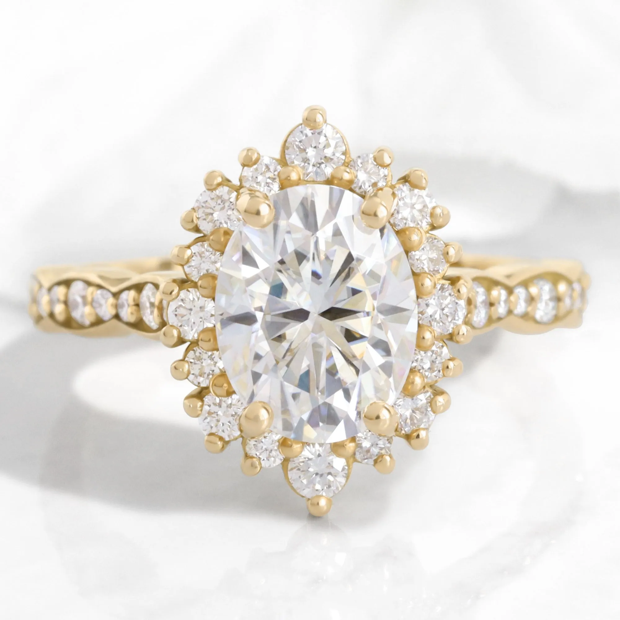 Large Oval Moissanite Ring in Tiara Halo Diamond Scalloped Band