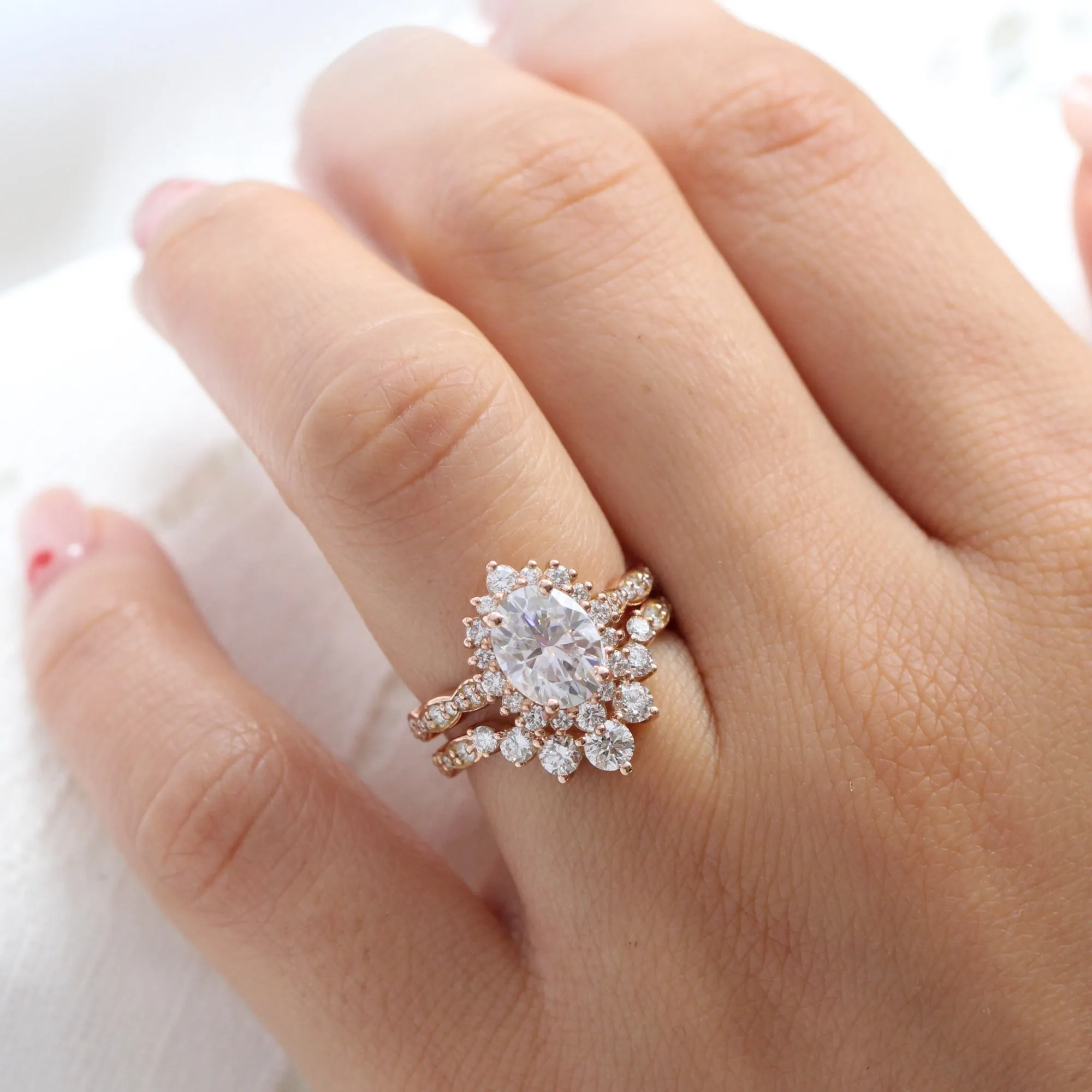 Large Oval Moissanite Ring in Tiara Halo Diamond Scalloped Band
