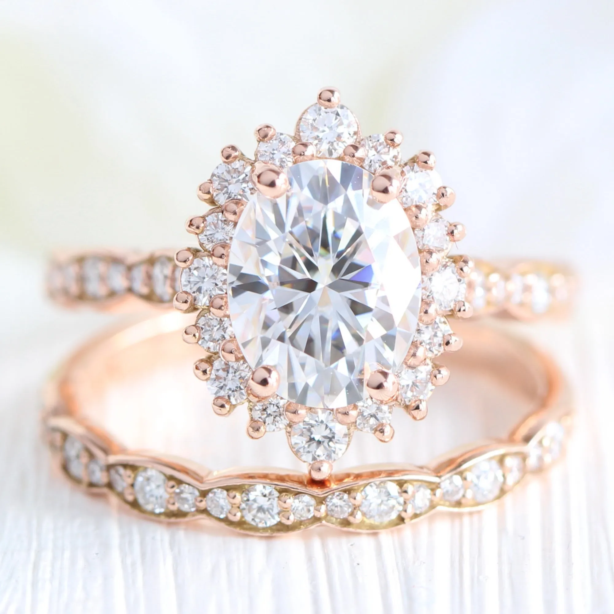 Large Oval Moissanite Ring in Tiara Halo Diamond Scalloped Band