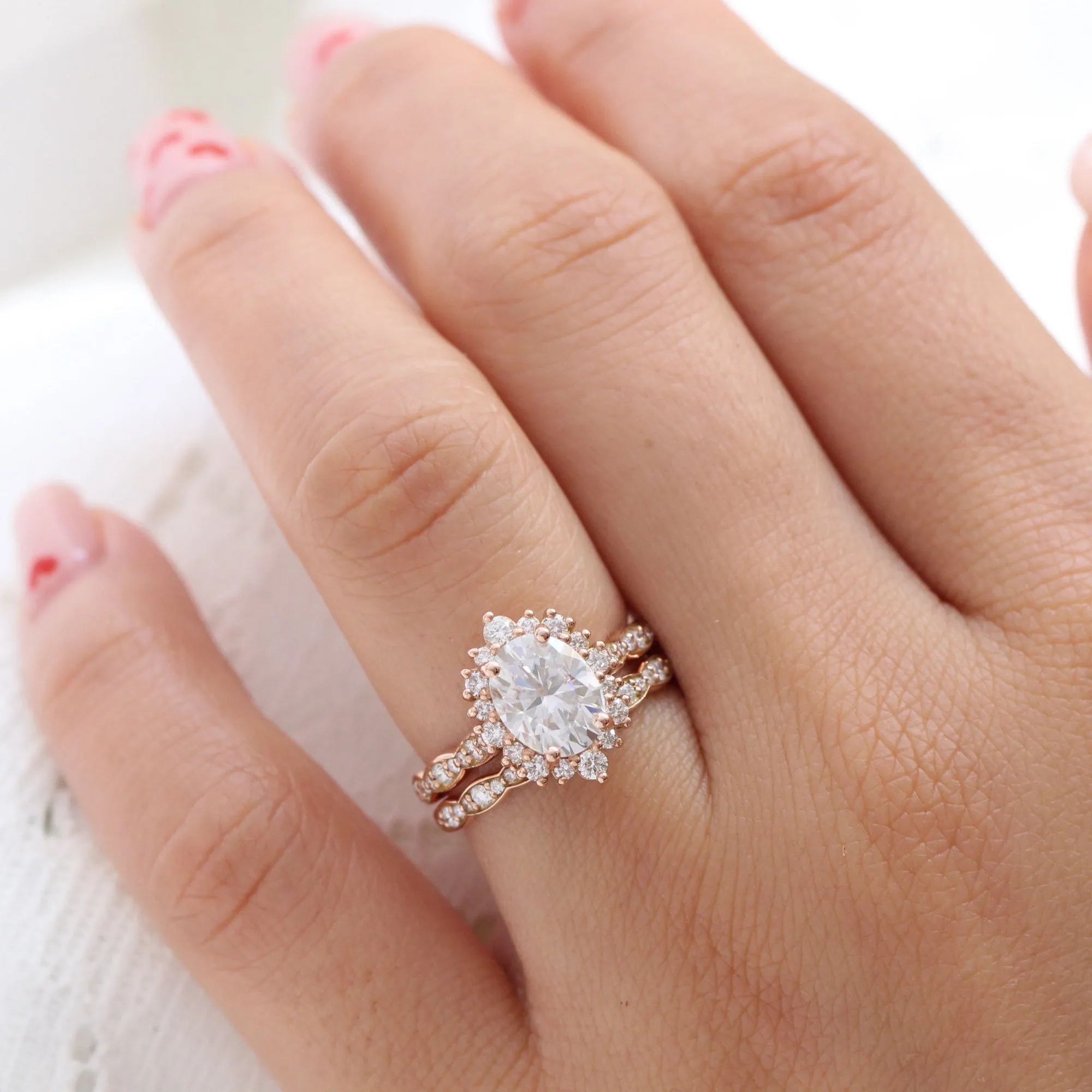 Large Oval Moissanite Ring in Tiara Halo Diamond Scalloped Band