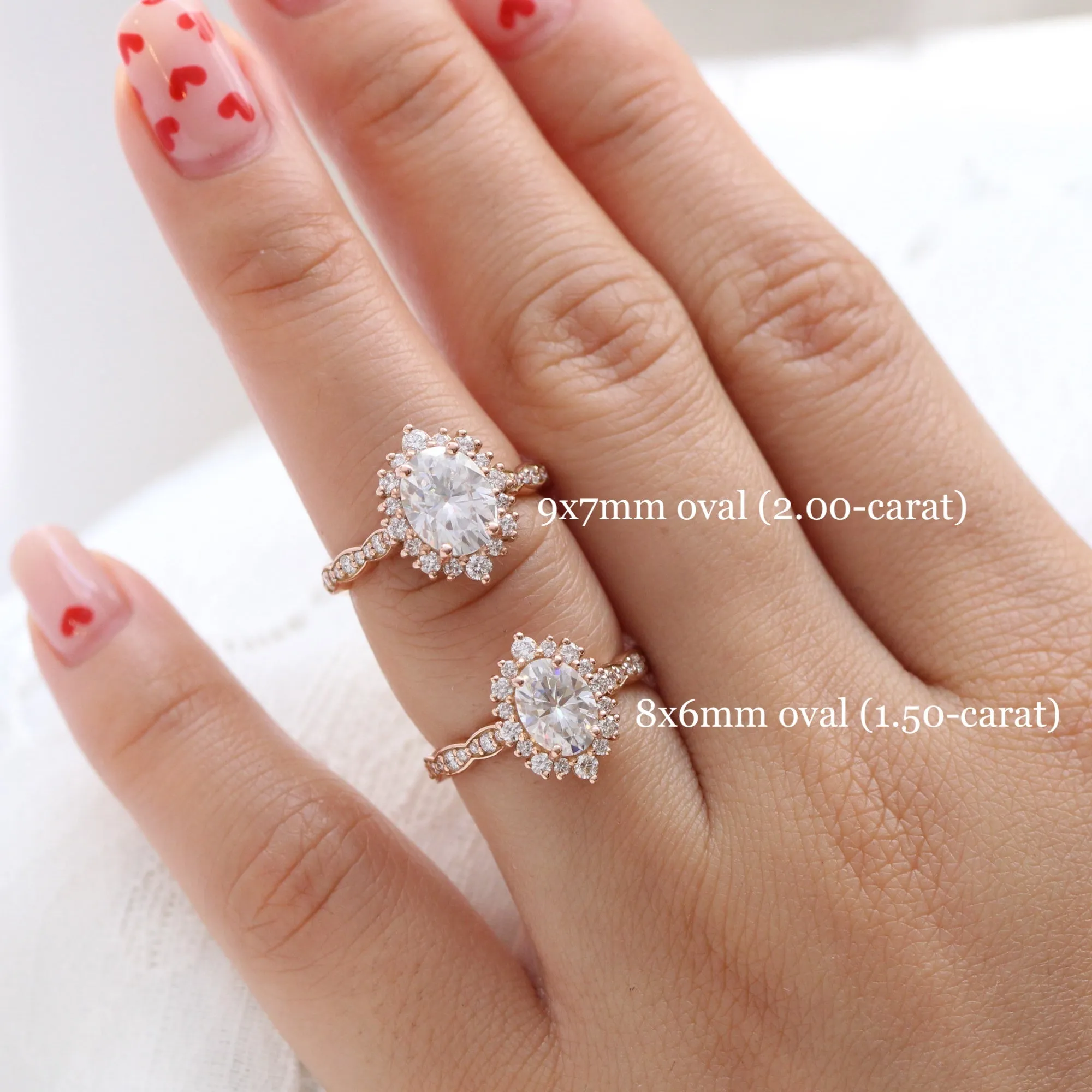 Large Oval Moissanite Ring in Tiara Halo Diamond Scalloped Band