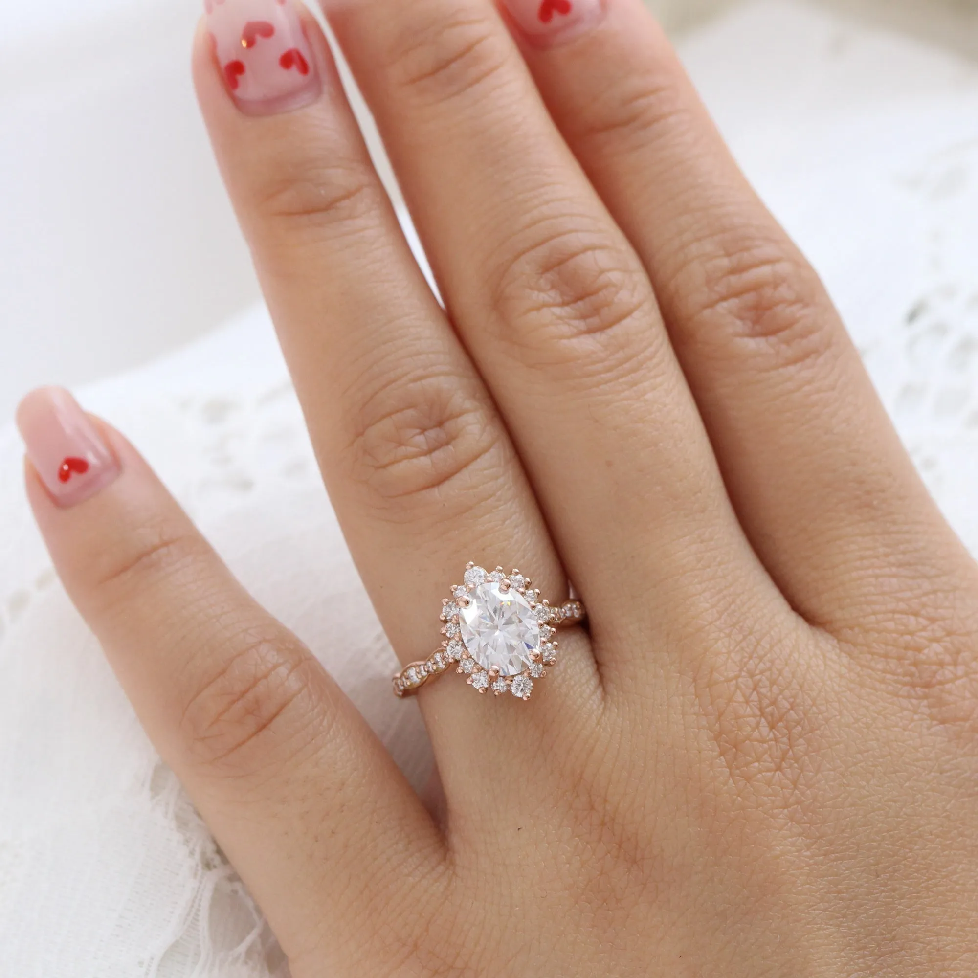 Large Oval Moissanite Ring in Tiara Halo Diamond Scalloped Band