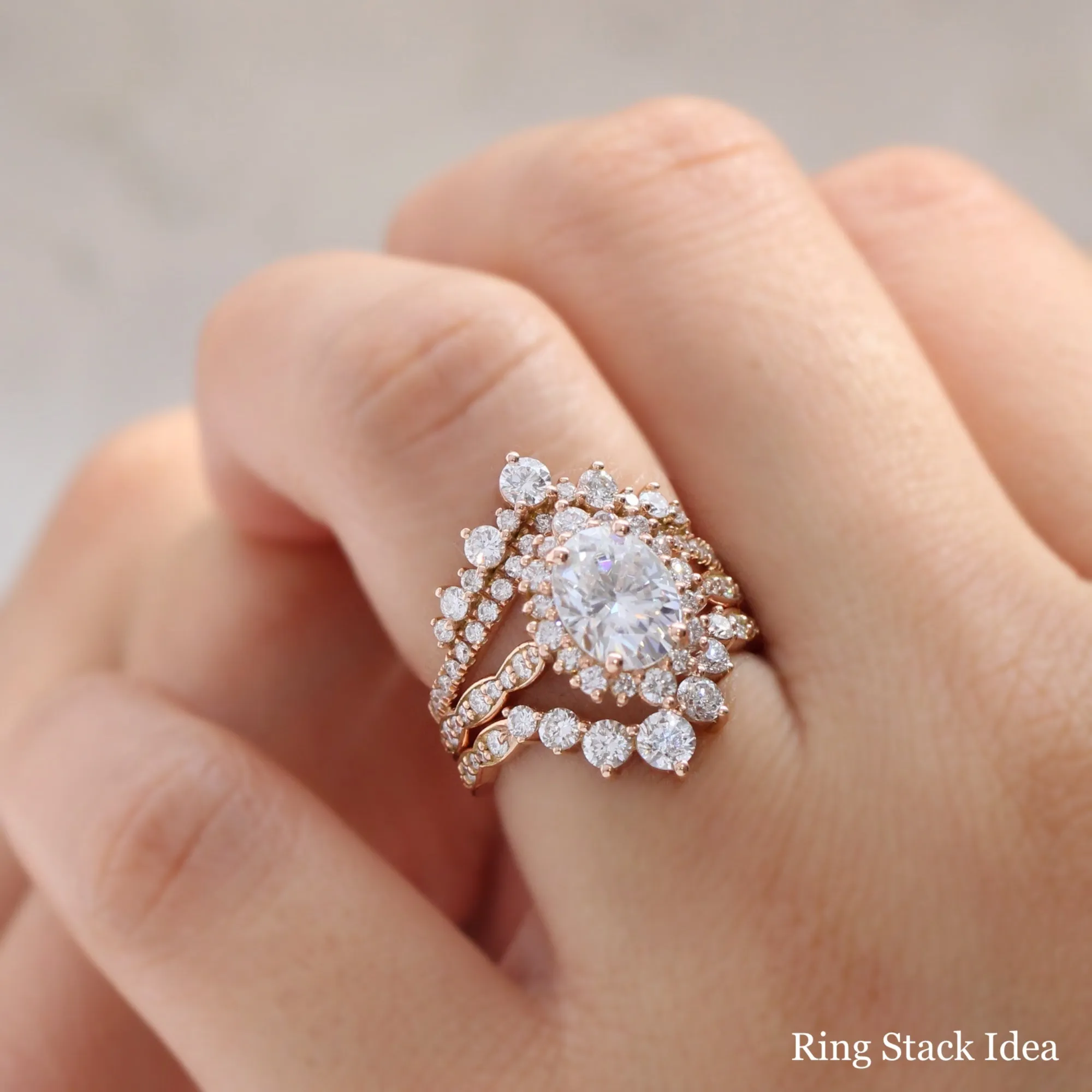 Large Oval Moissanite Ring in Tiara Halo Diamond Scalloped Band